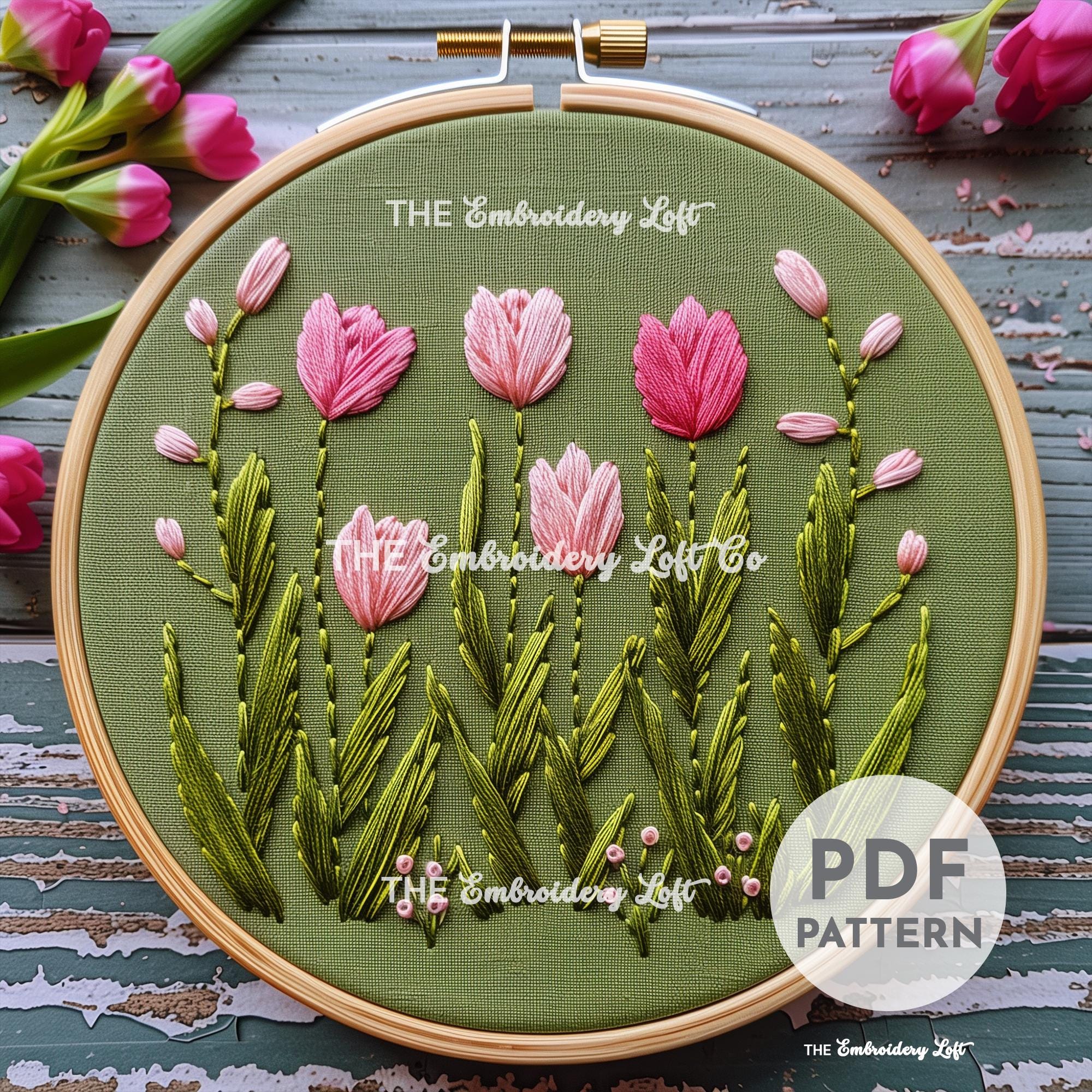 Pink Tulips Hand Embroidery Pattern