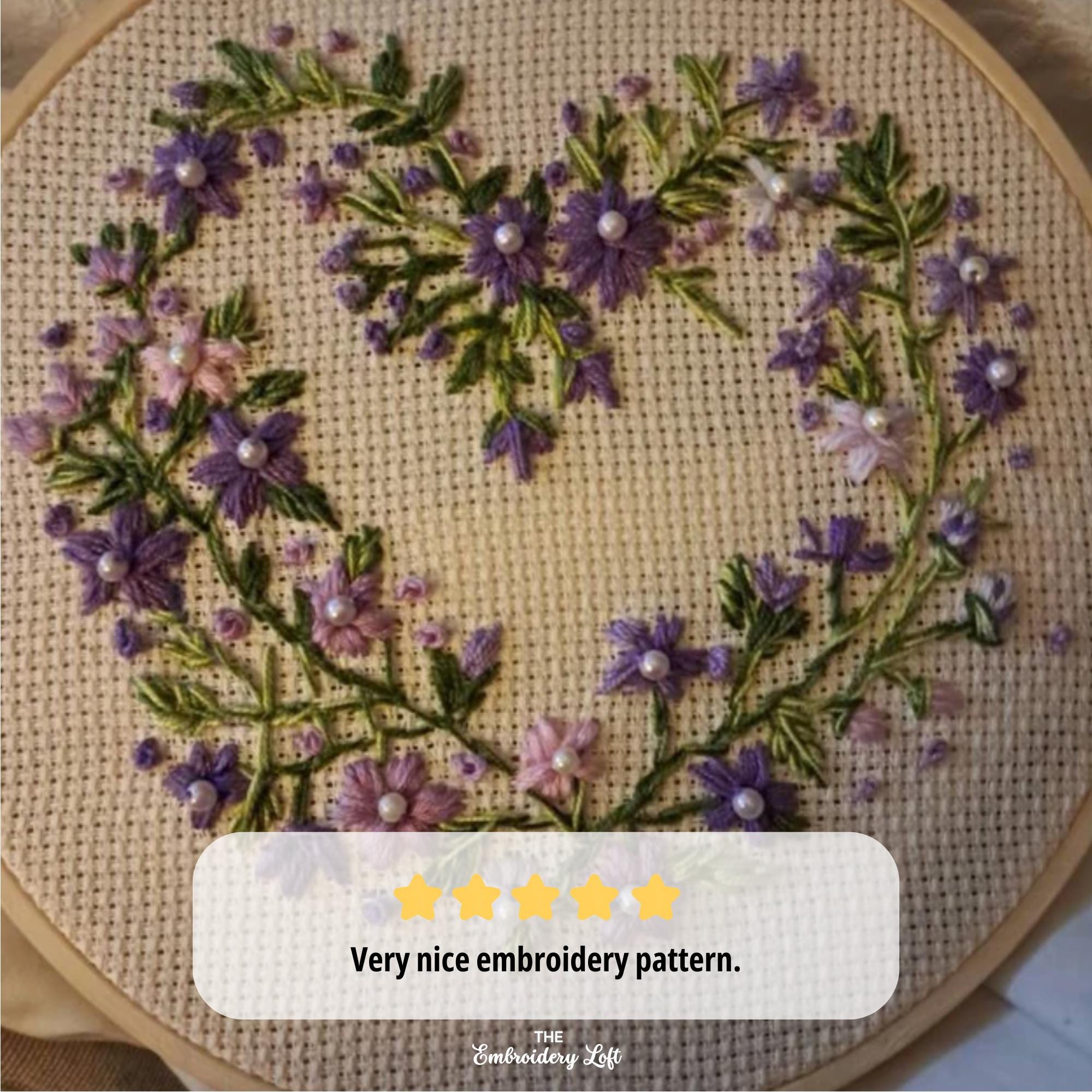 Purple Floral Heart Wreath Hand Embroidery Pattern