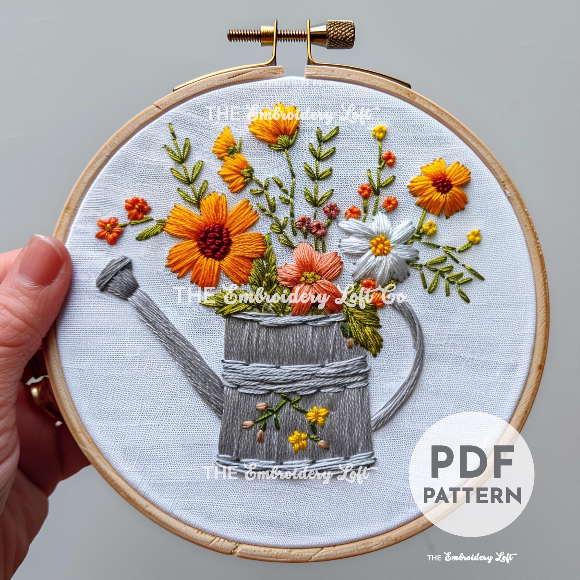 Floral Watering Can Hand Embroidery Pattern