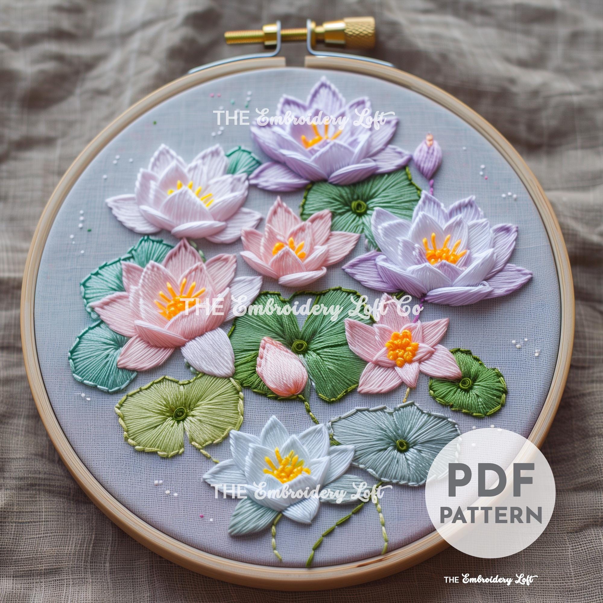 Pastel Water Lilies Hand Embroidery Pattern