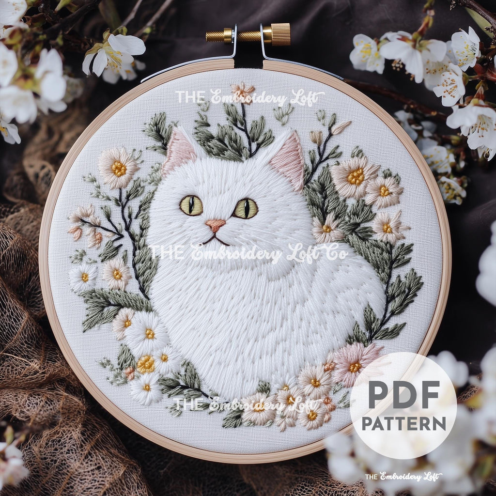 White Cat Hand Embroidery Pattern