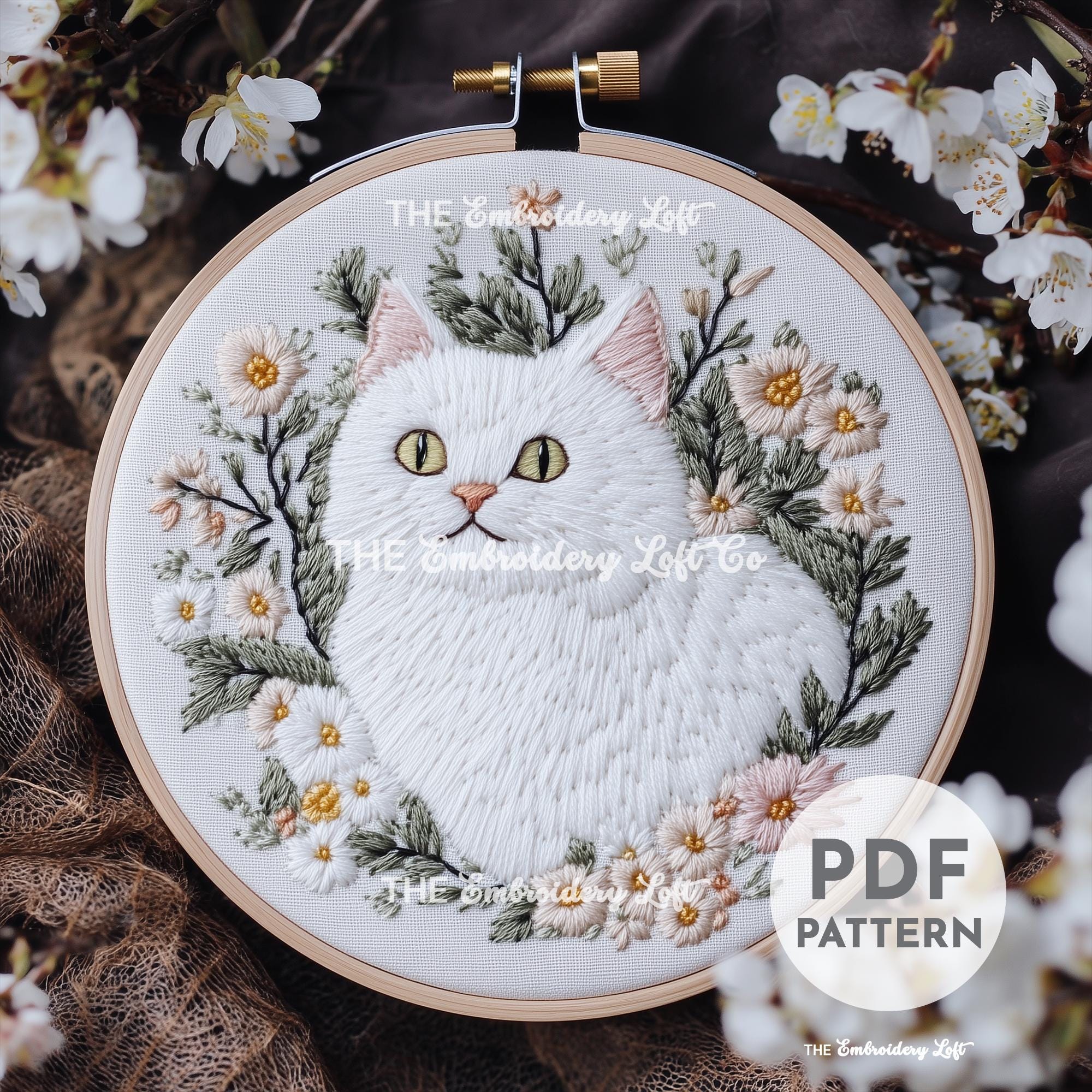 White Cat Hand Embroidery Pattern
