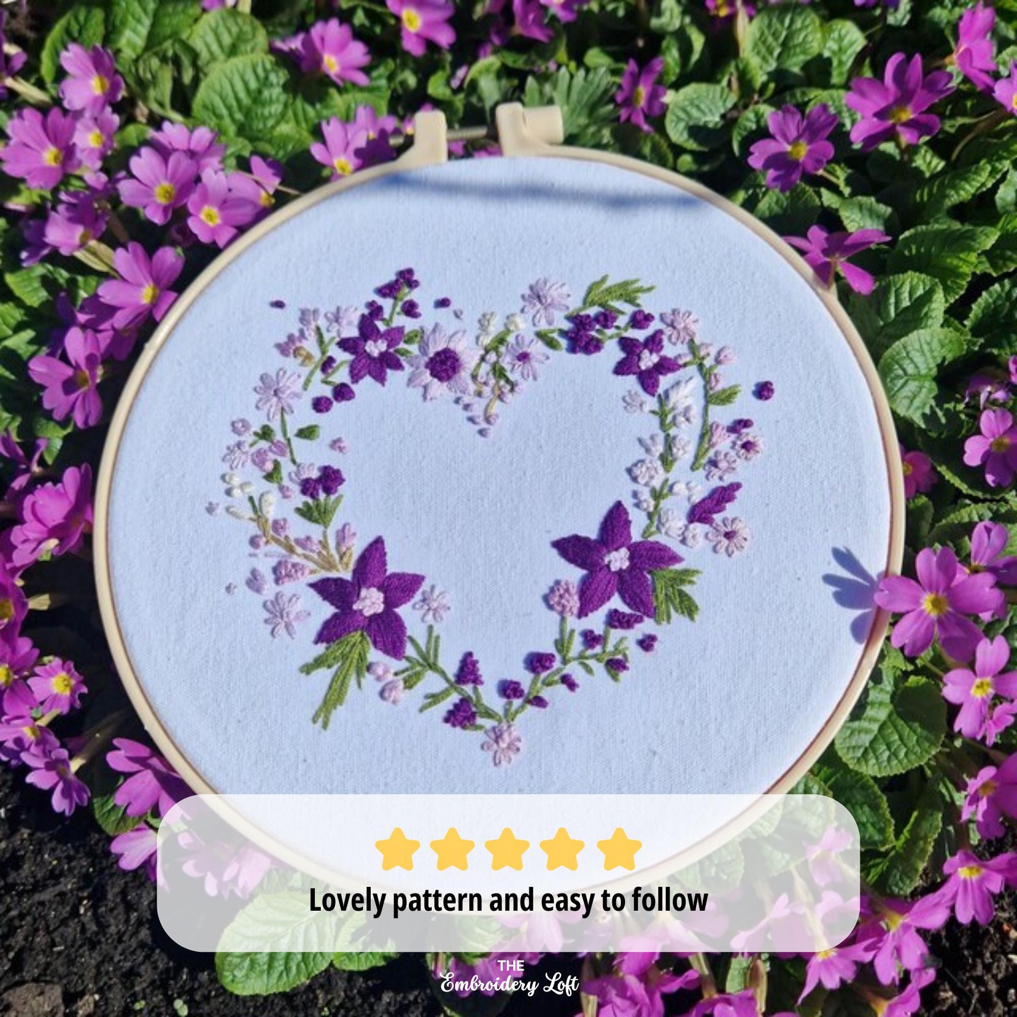 Purple Floral Heart Wreath Hand Embroidery Pattern