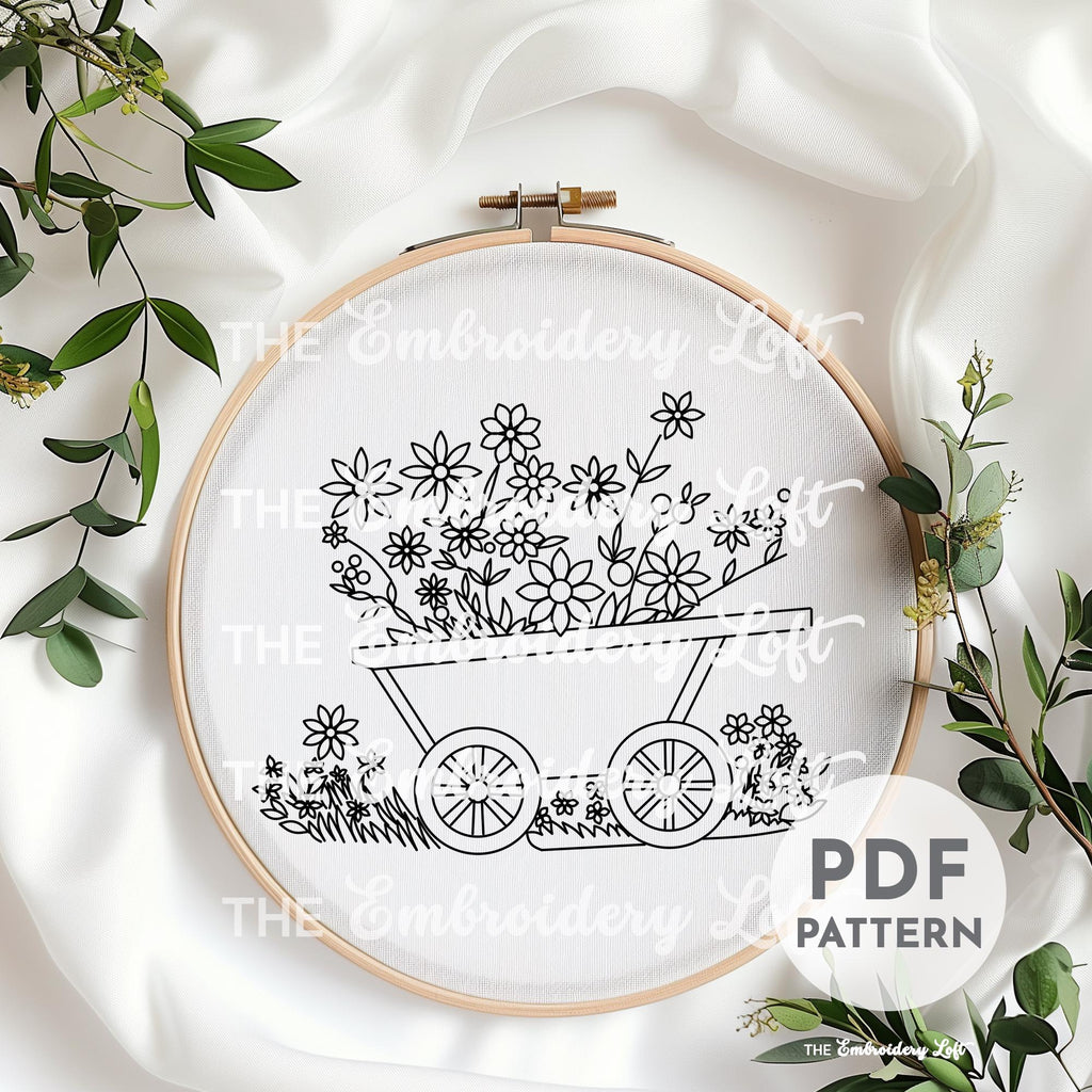 Floral Wheelbarrow Hand Embroidery Pattern