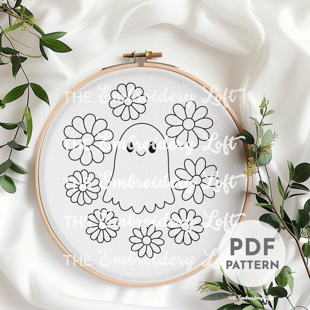 Retro Ghost with Flowers Hand Embroidery Pattern