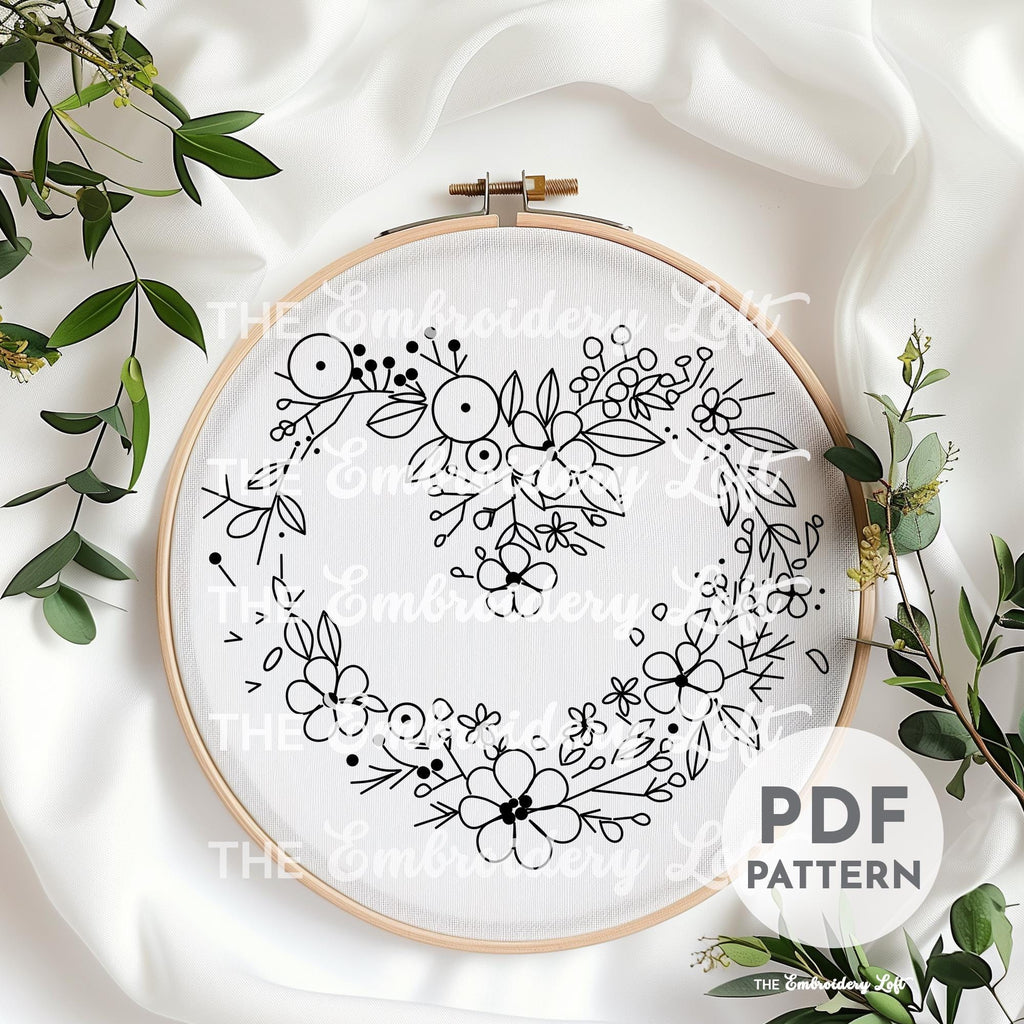 Pink Floral Heart Wreath Hand Embroidery Pattern