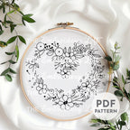 Pink Floral Heart Wreath Hand Embroidery Pattern