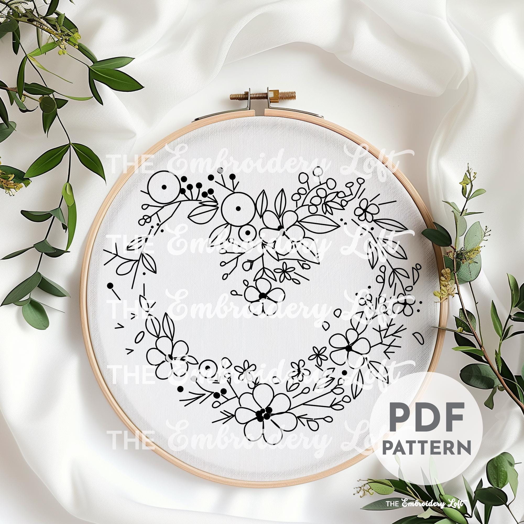 Pink Floral Heart Wreath Hand Embroidery Pattern