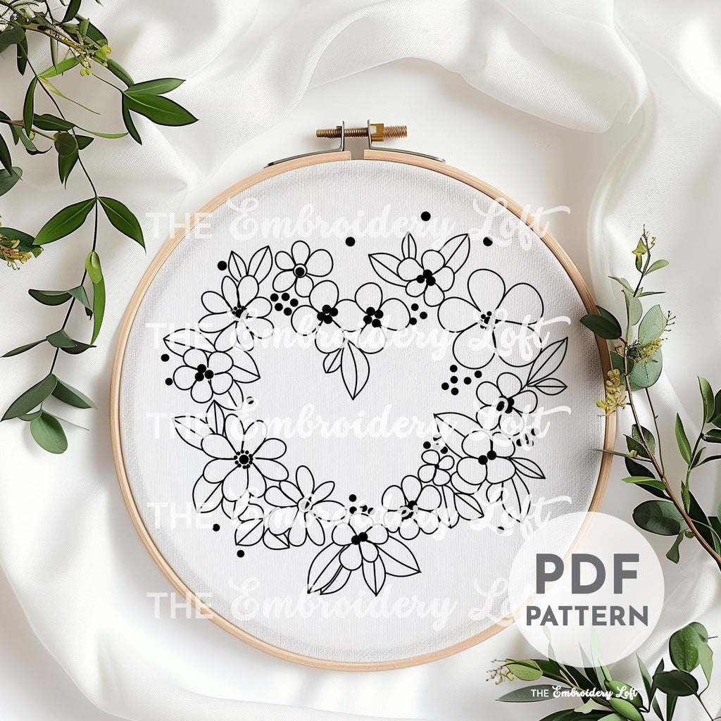 Romantic Floral Heart Wreath Hand Embroidery Pattern