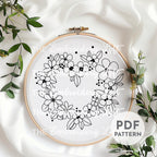 Romantic Floral Heart Wreath Hand Embroidery Pattern