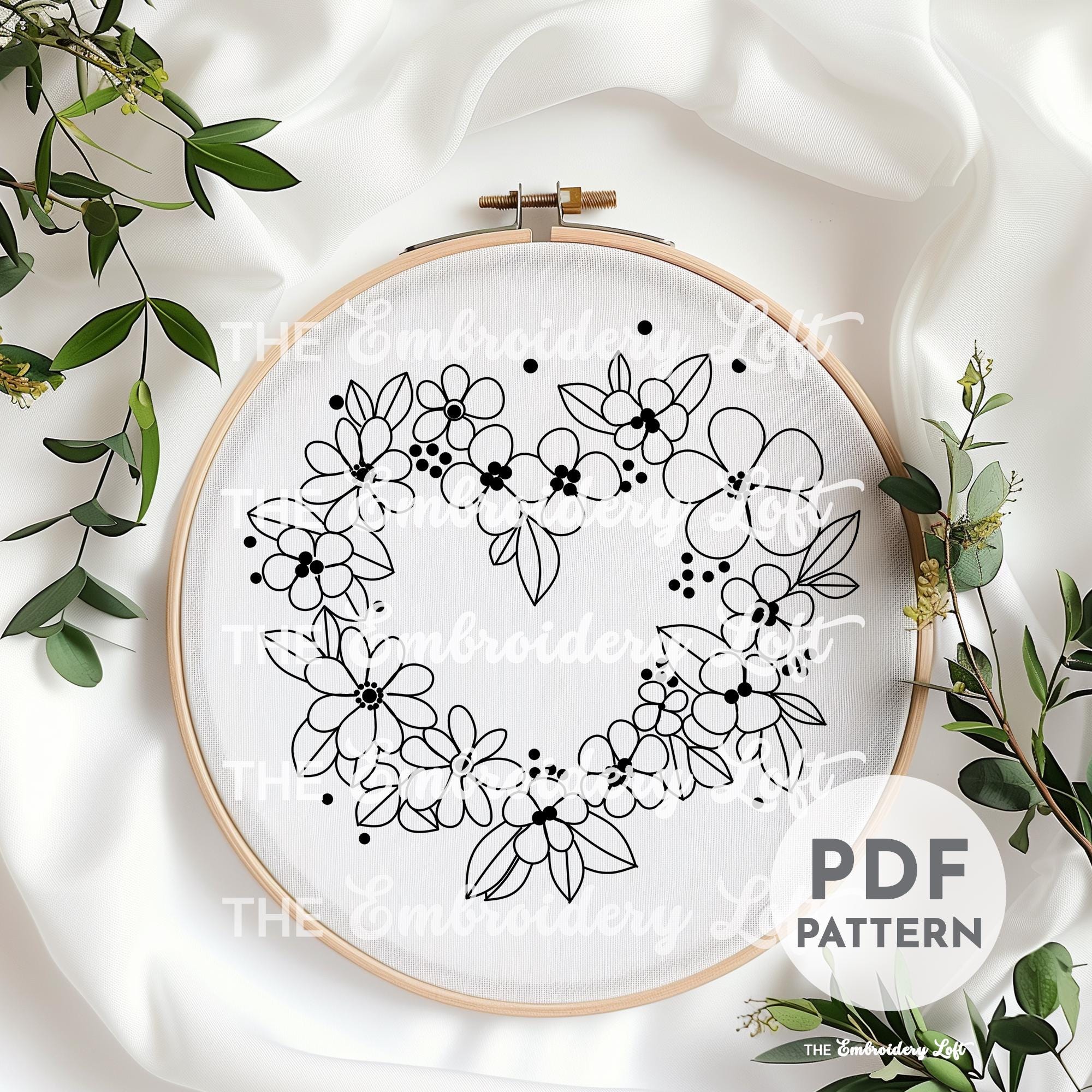 Romantic Floral Heart Wreath Hand Embroidery Pattern