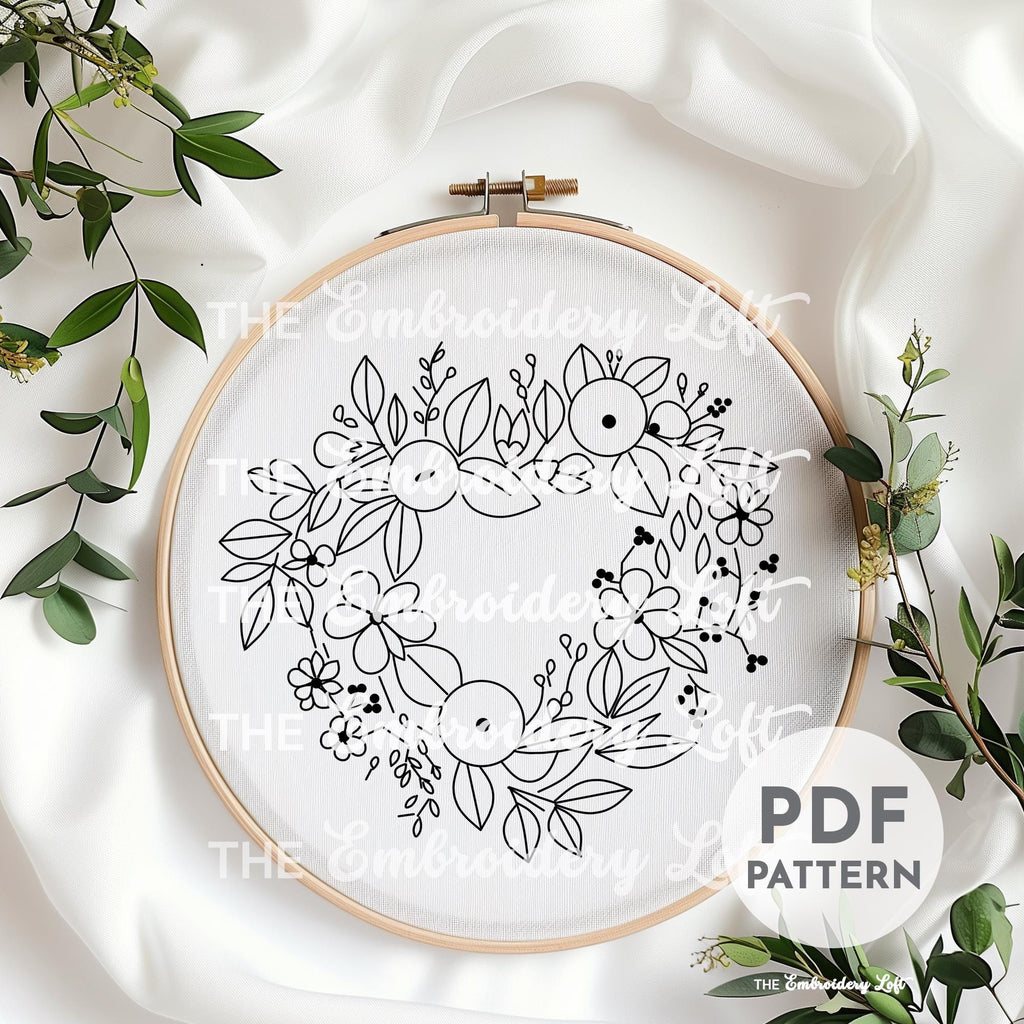 Forest Floral Heart Wreath Hand Embroidery Pattern