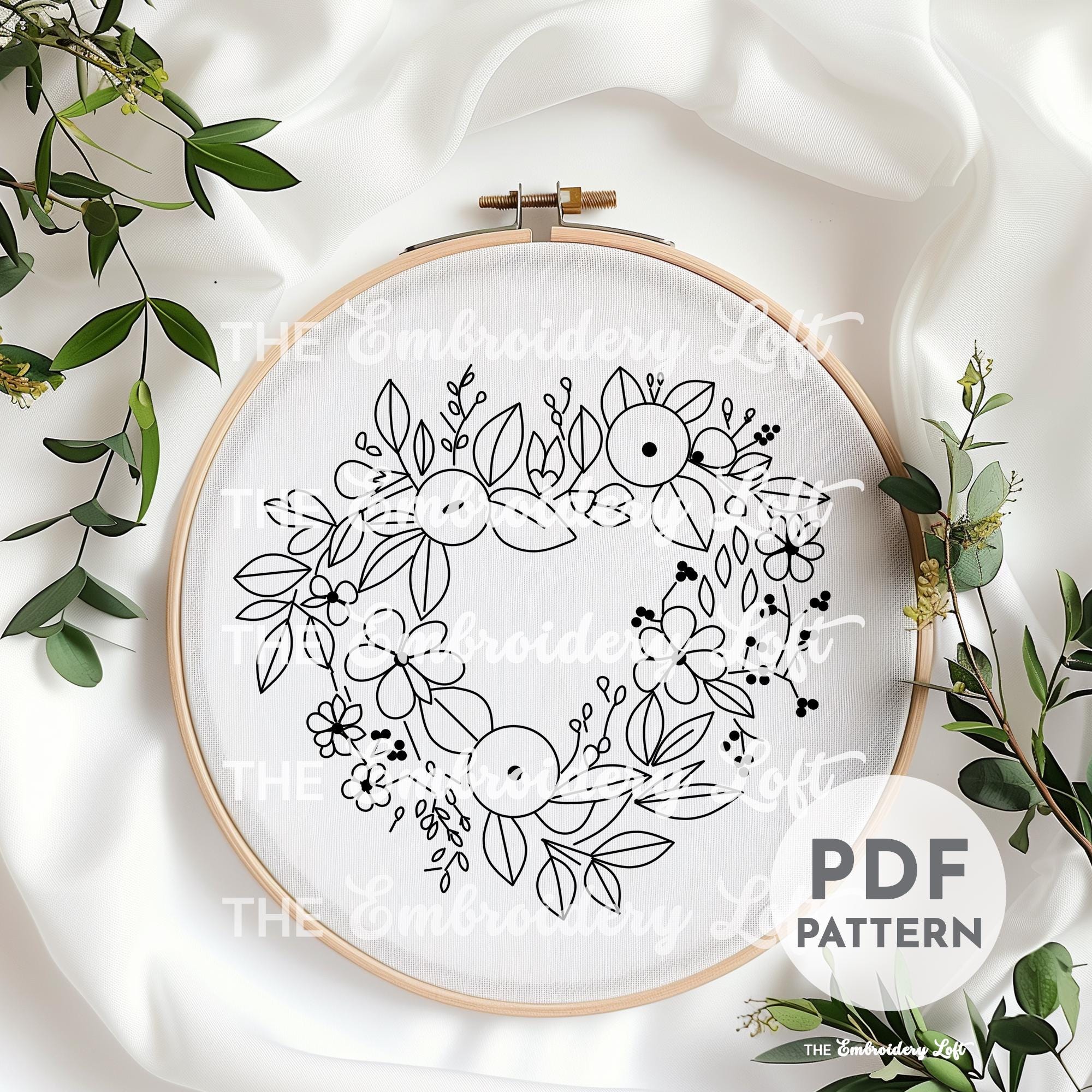 Forest Floral Heart Wreath Hand Embroidery Pattern