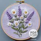 Meadow of White Daisies and Purple Lavender Hand Embroidery Pattern