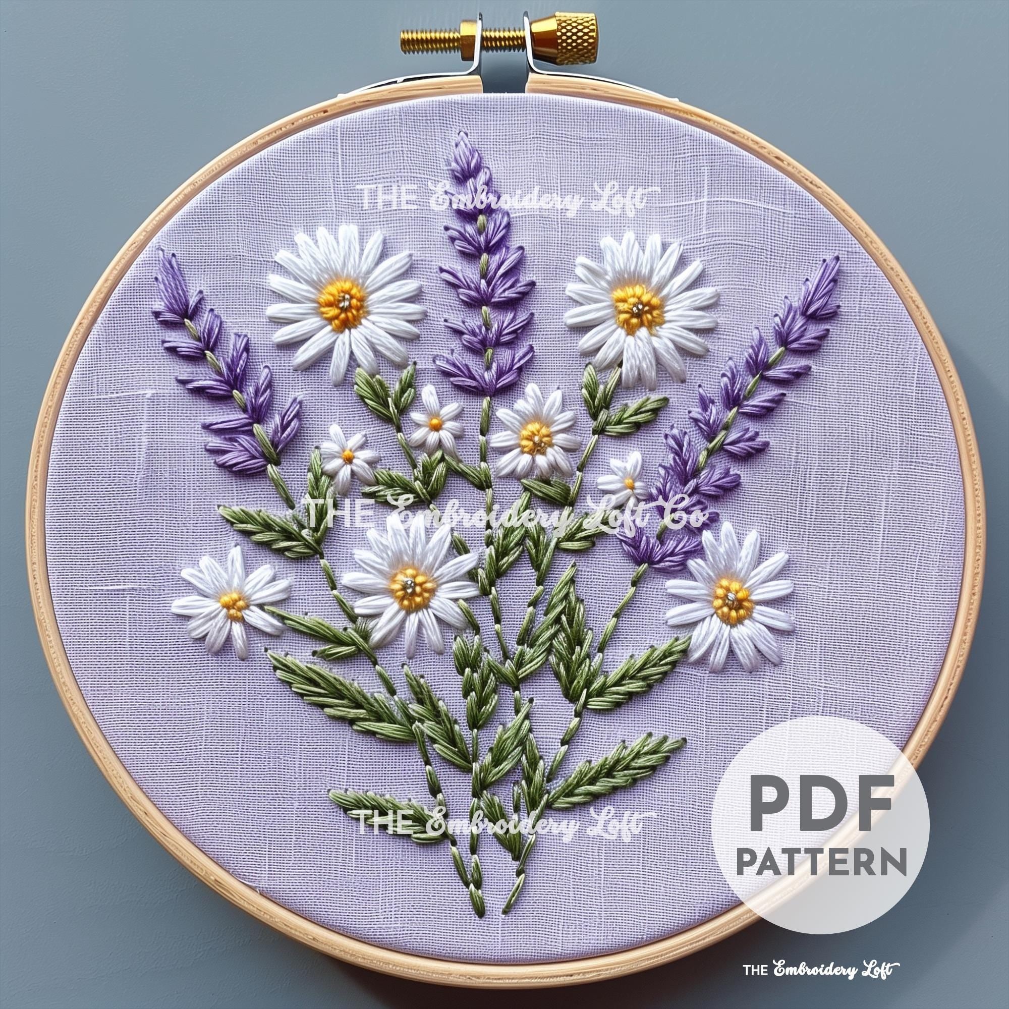 Meadow of White Daisies and Purple Lavender Hand Embroidery Pattern