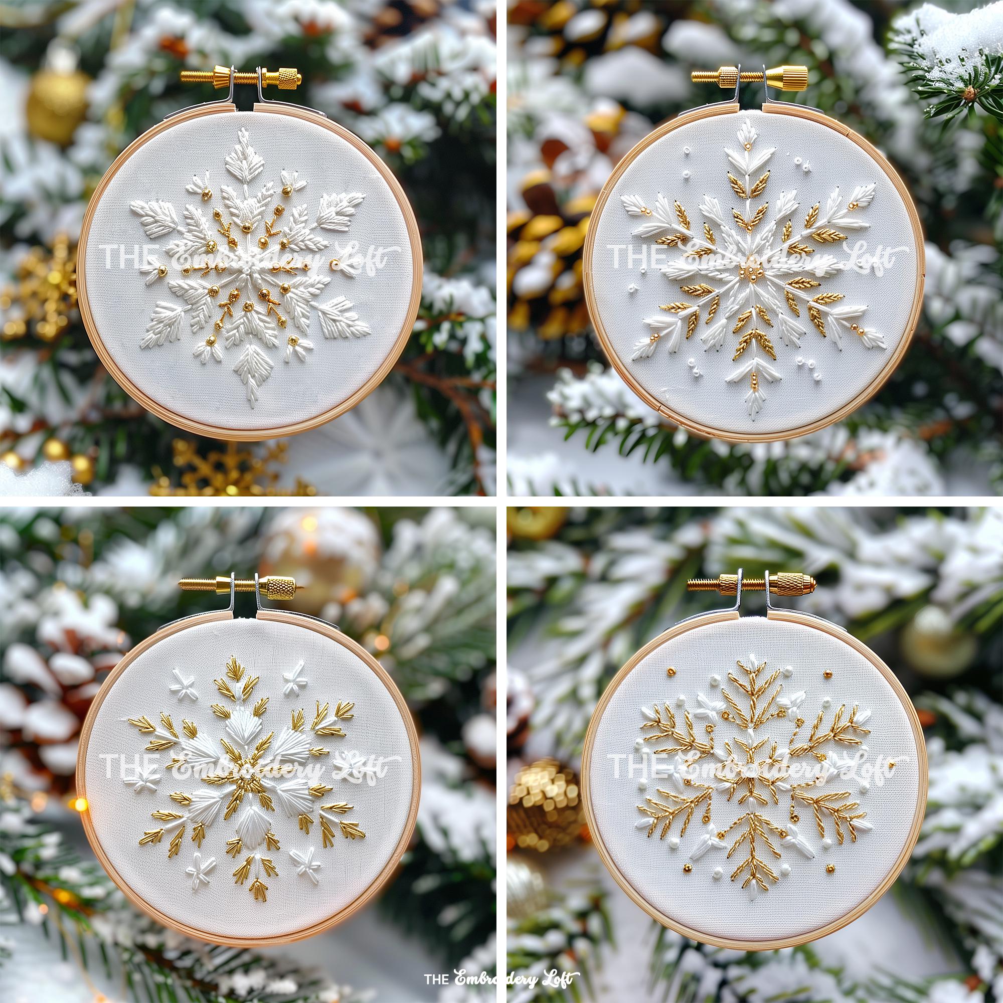 Set of 4 Gold and White Snowflake Hand Embroidery Patterns, Christmas Embroidery Pattern, Snowflake Design, Hand Embroidery Pattern PDF