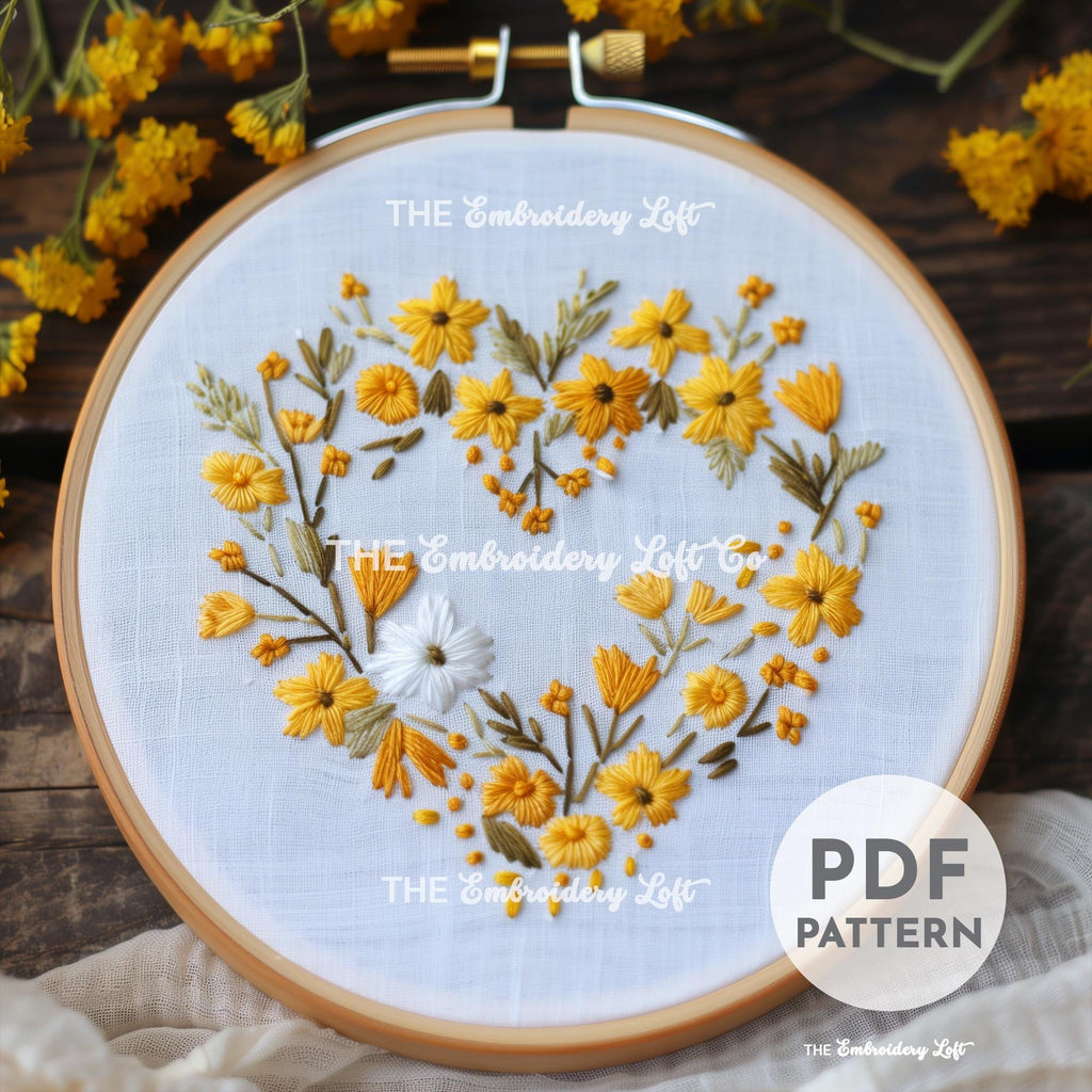 Yellow Floral Heart Wreath Hand Embroidery Pattern