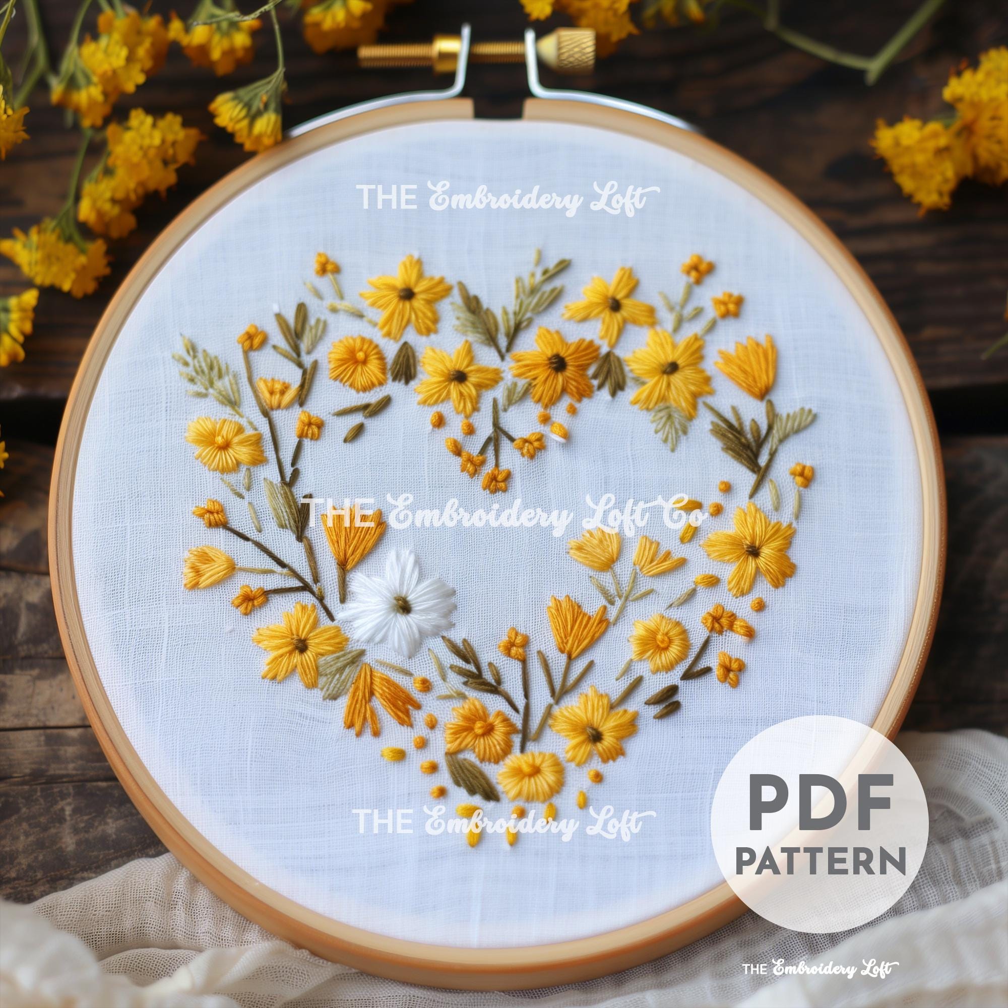 Yellow Floral Heart Wreath Hand Embroidery Pattern