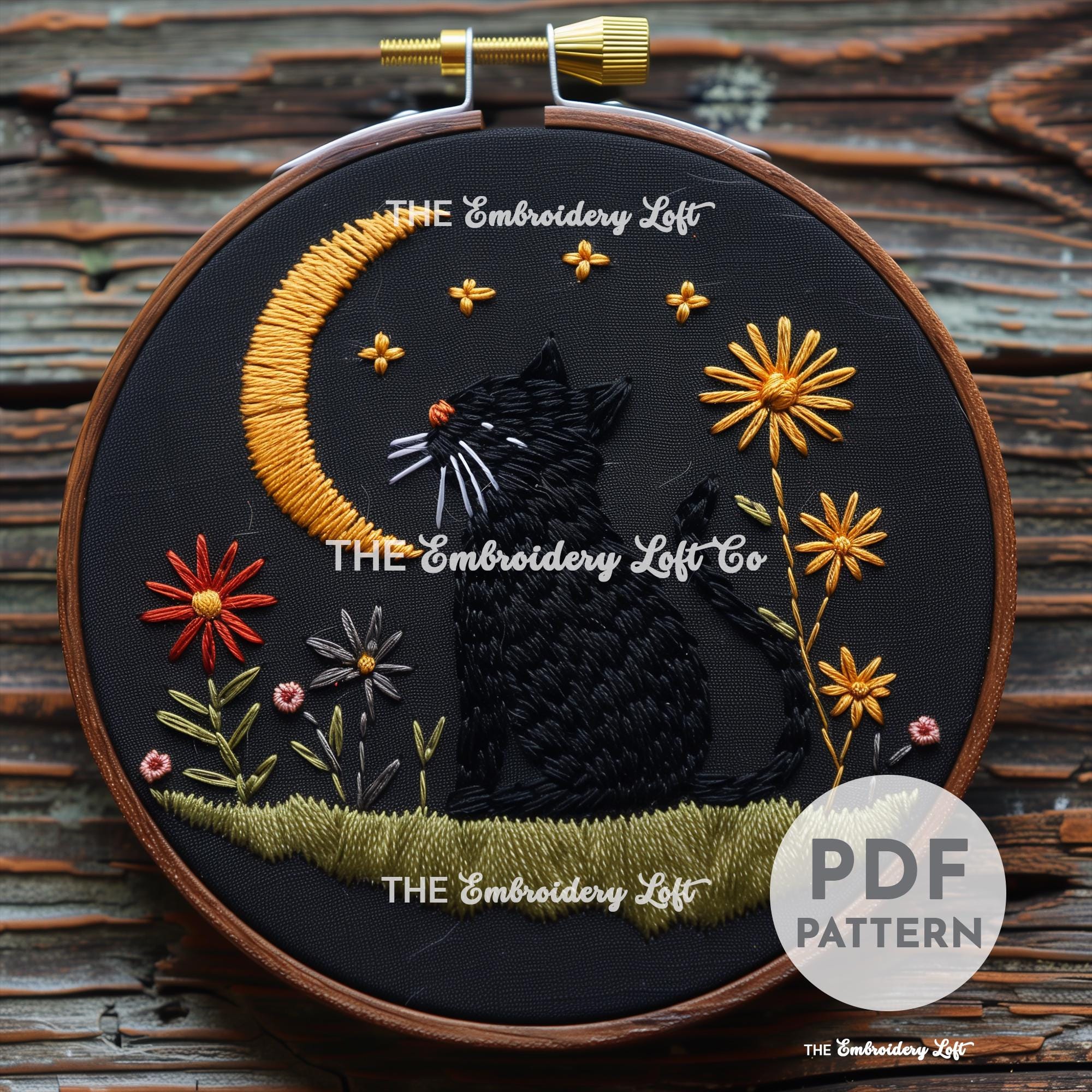 Lunar Cat Hand Embroidery Pattern
