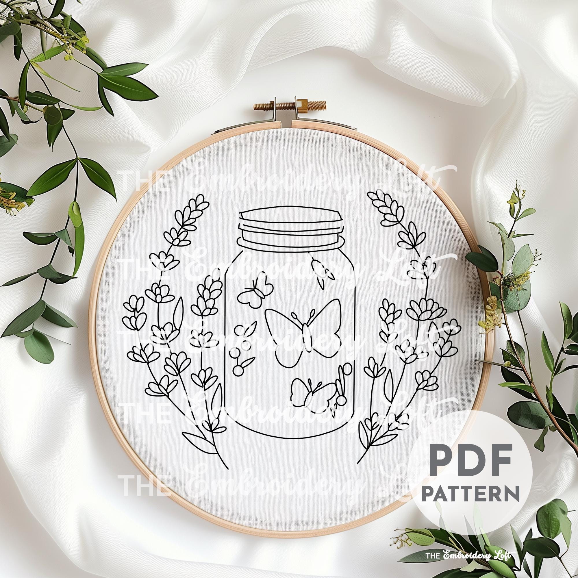Purple Butterflies and Flowers Hand Embroidery Pattern