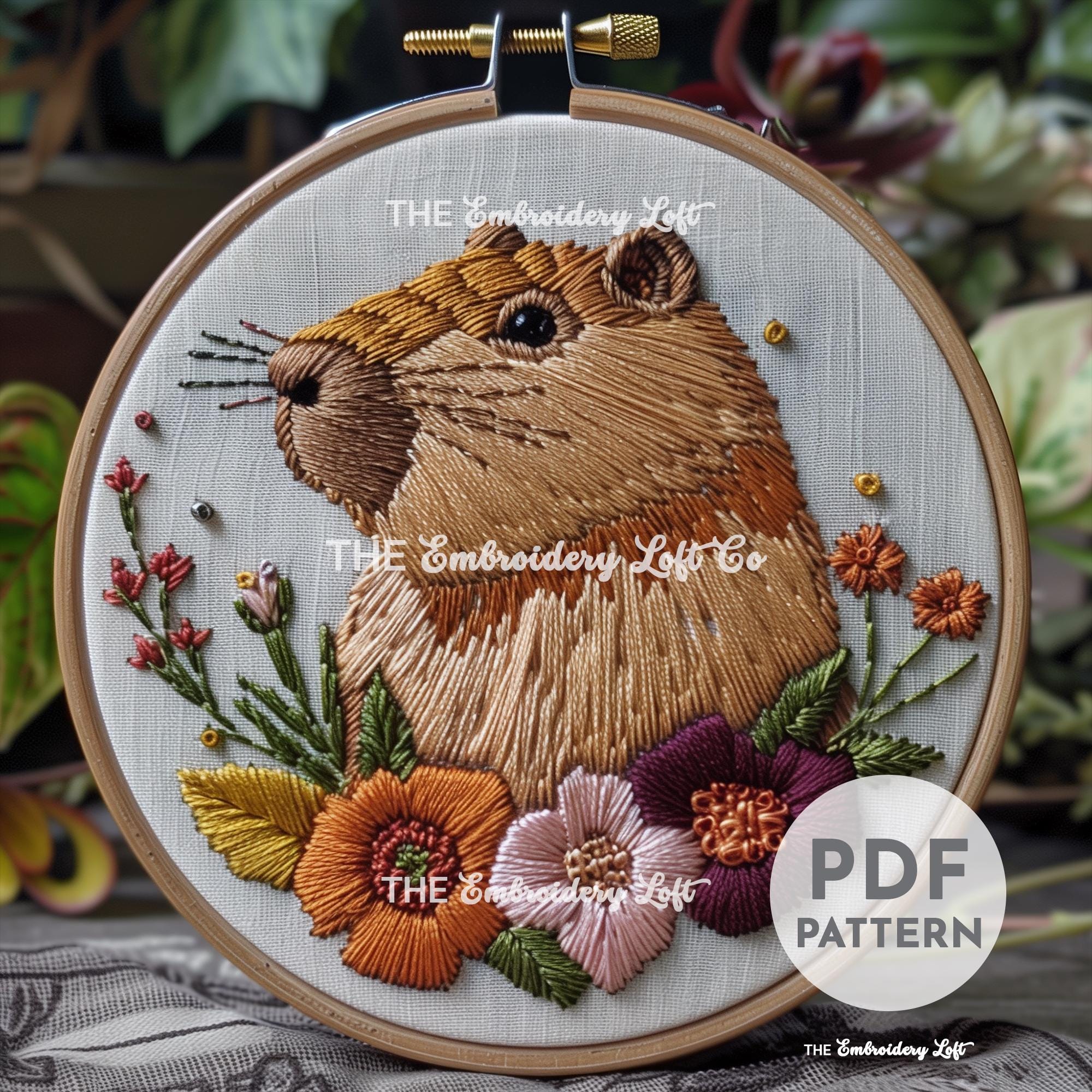 Floral Capybara Hand Embroidery Pattern