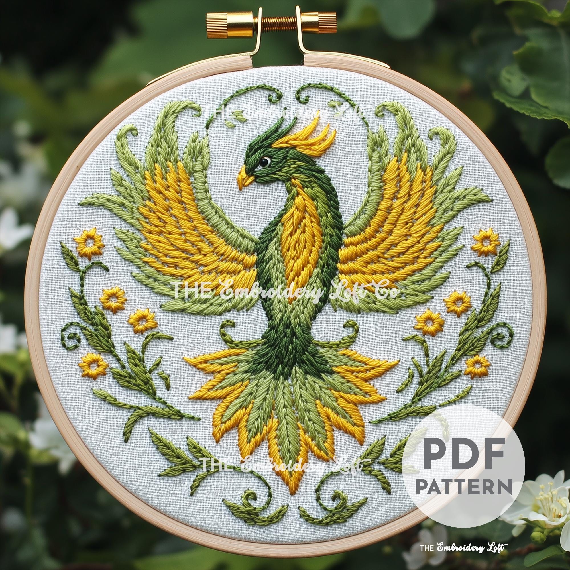 Green Phoenix Hand Embroidery Pattern