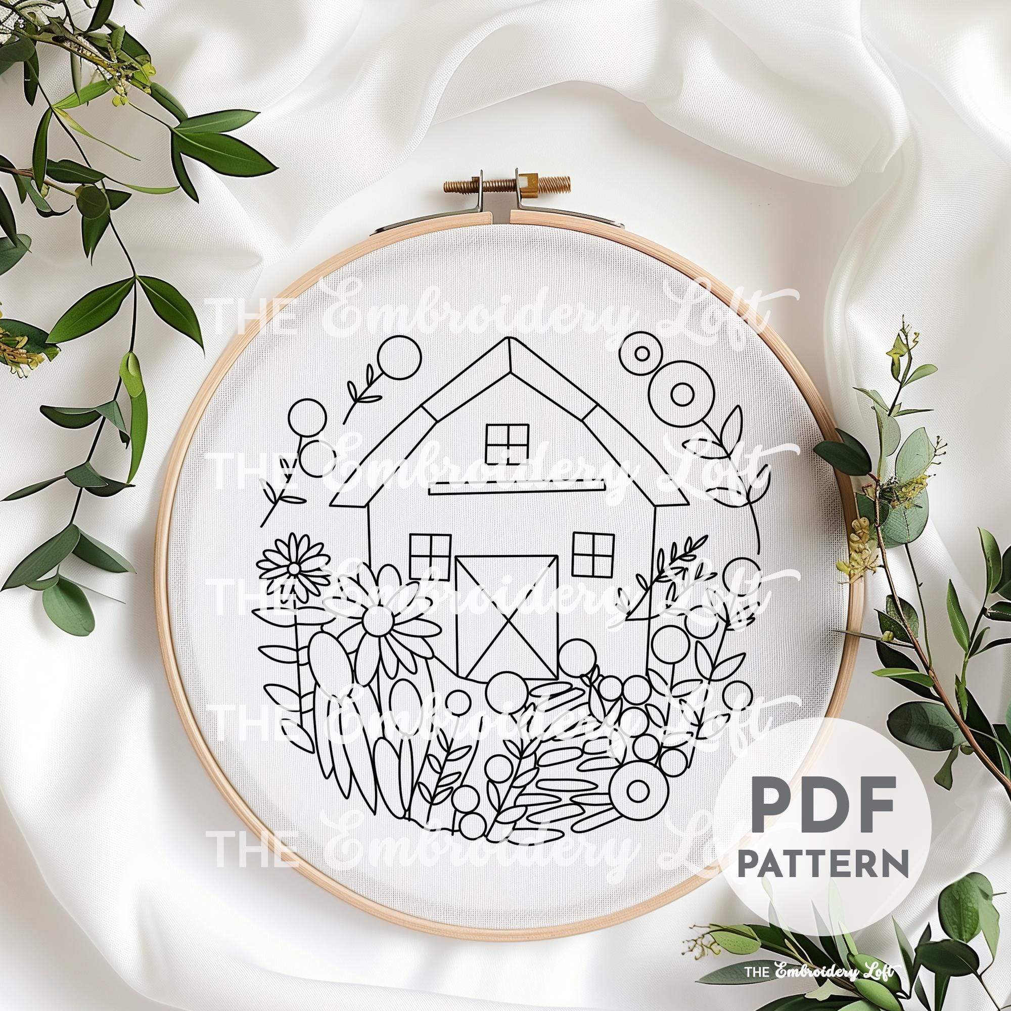 Floral Barn Hand Embroidery Pattern