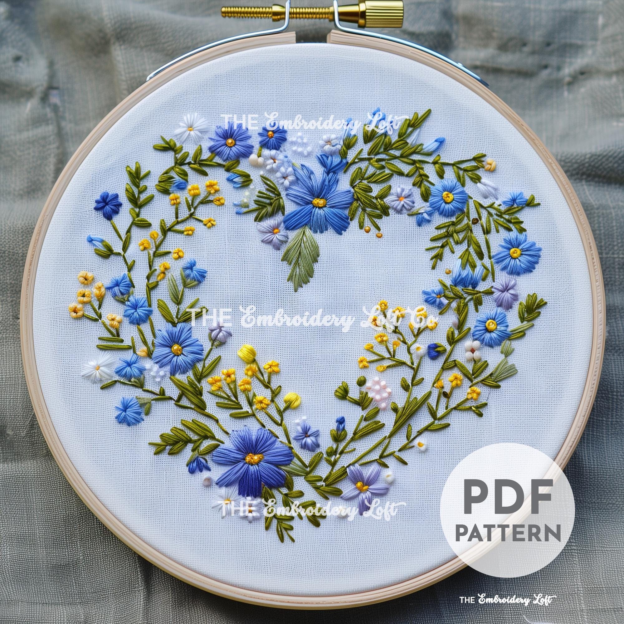 Blue Floral Heart Wreath Hand Embroidery Pattern