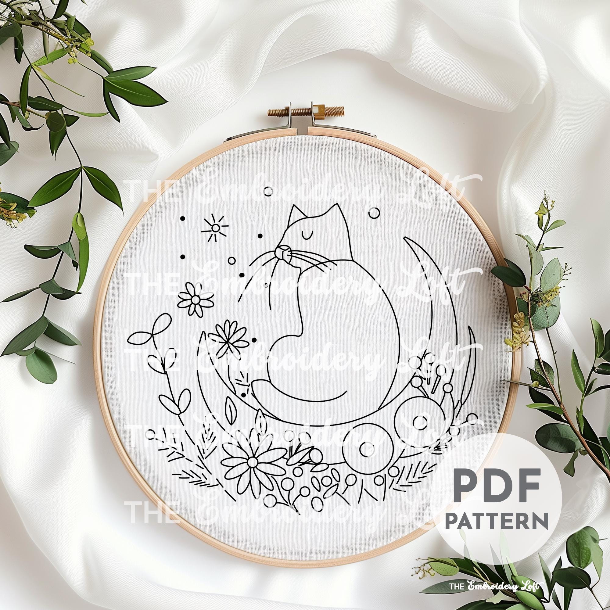 Lunar Cat Hand Embroidery Pattern