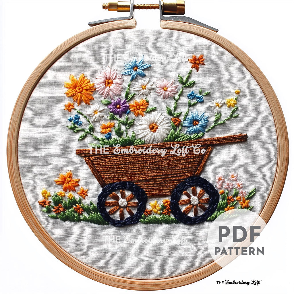 Floral Wheelbarrow Hand Embroidery Pattern