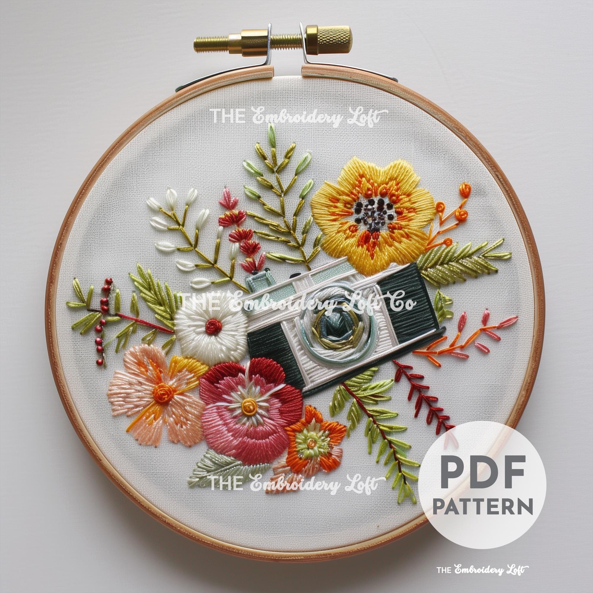 Floral Camera Hand Embroidery Pattern