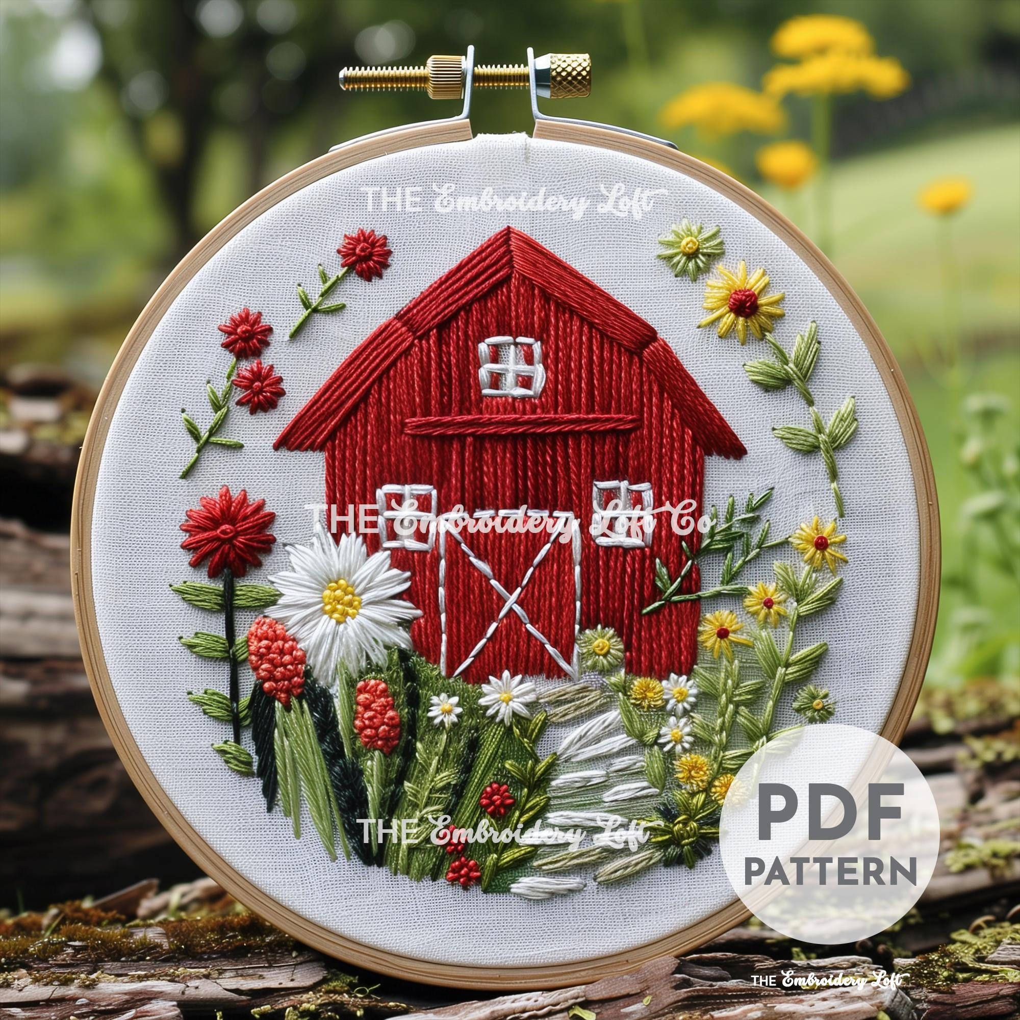 Floral Barn Hand Embroidery Pattern