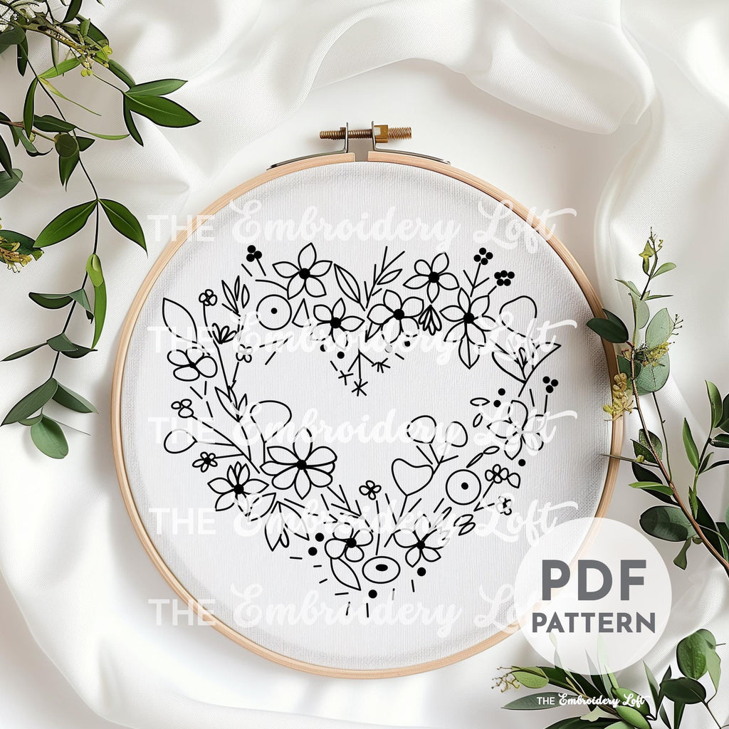 Yellow Floral Heart Wreath Hand Embroidery Pattern