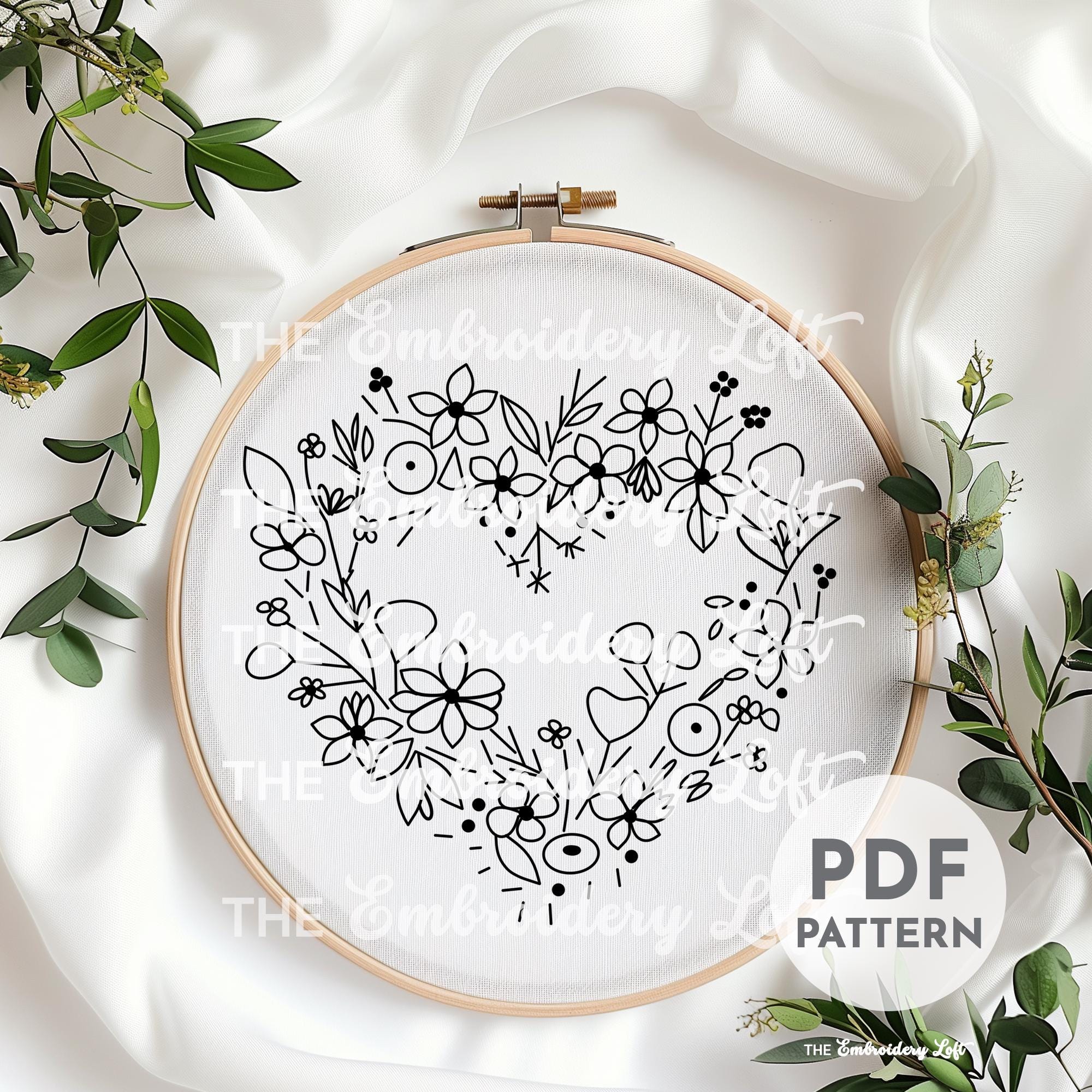 Yellow Floral Heart Wreath Hand Embroidery Pattern
