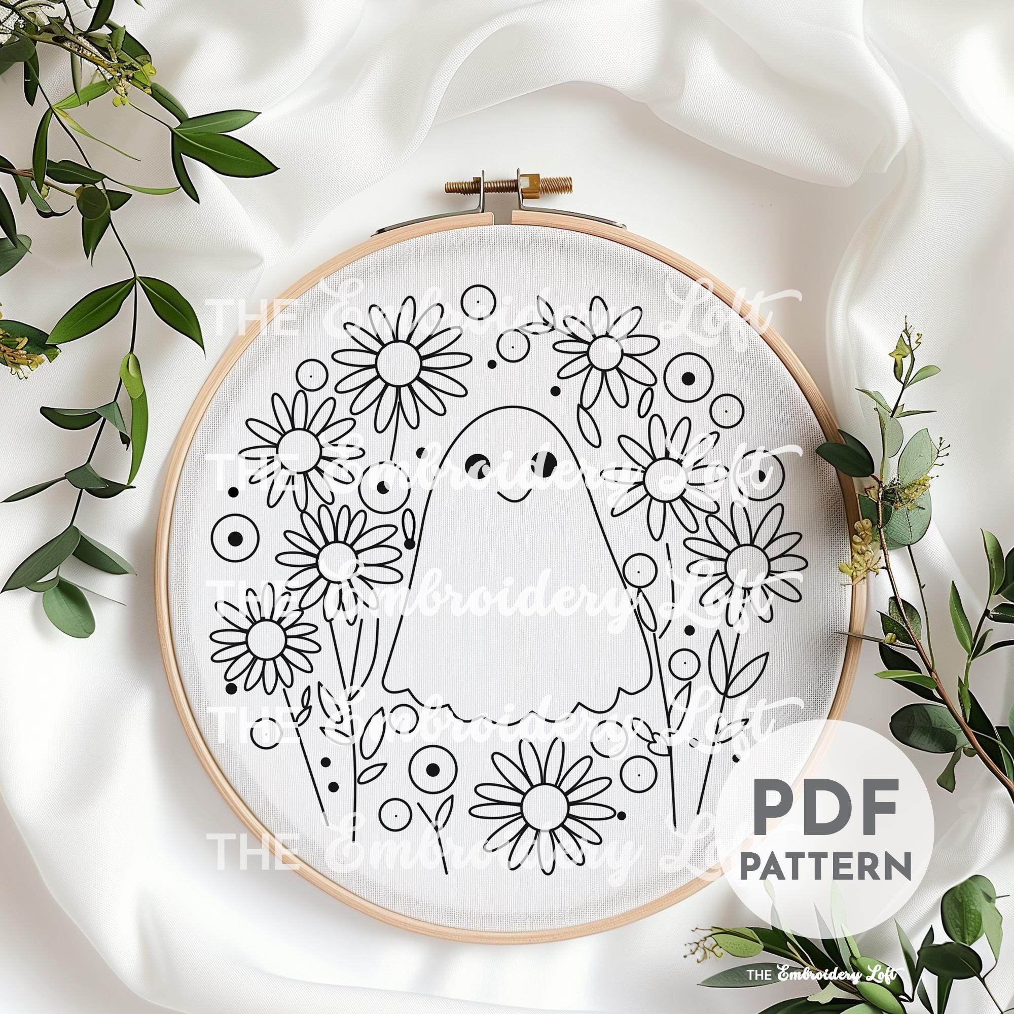 Retro Floral Ghost Hand Embroidery Pattern