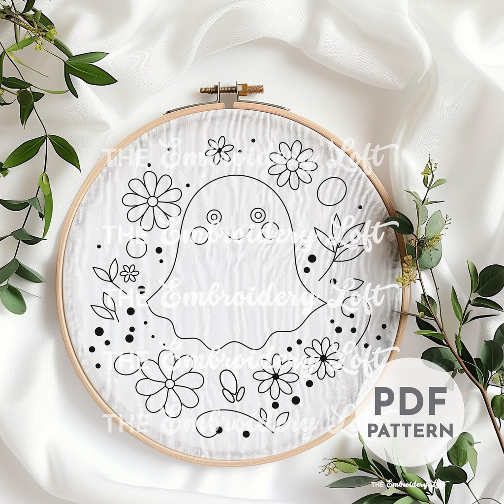Retro Ghost with Flowers Hand Embroidery Pattern