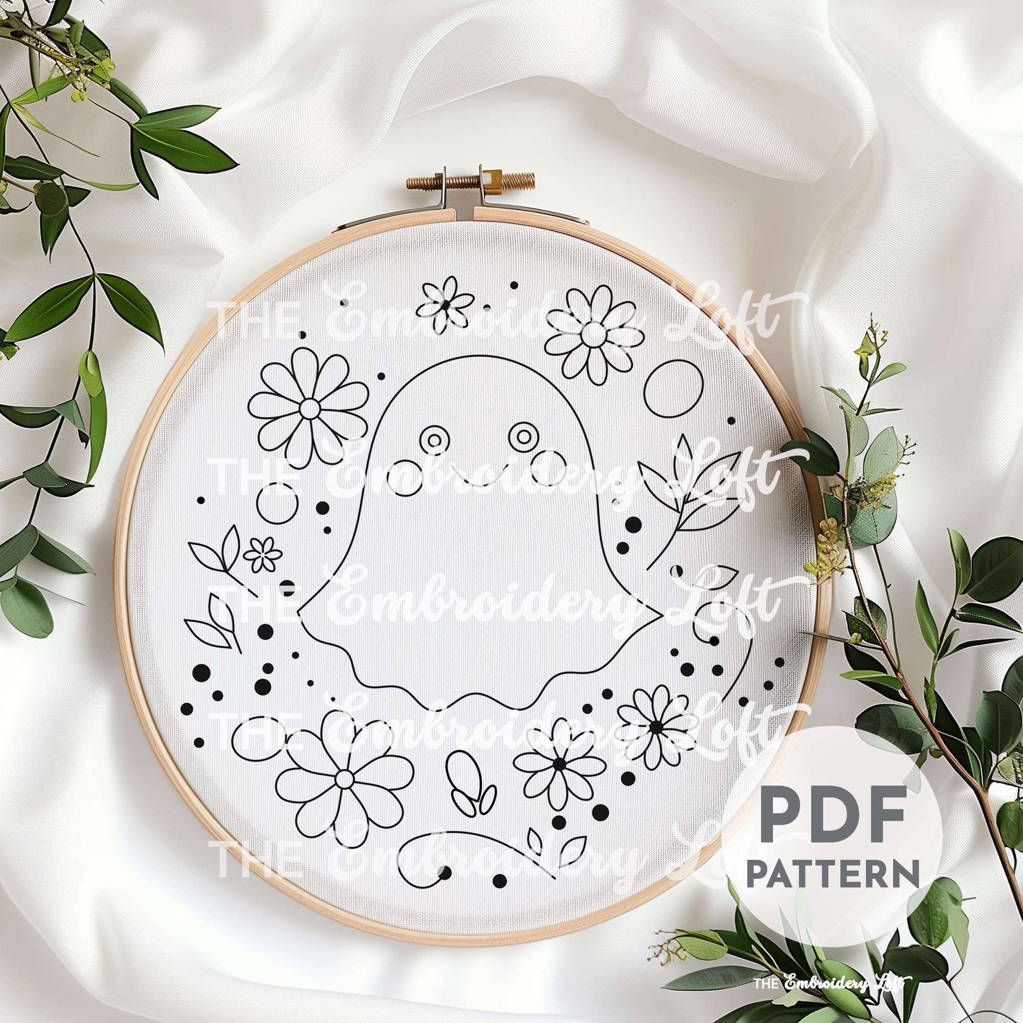 Retro Ghost with Flowers Hand Embroidery Pattern