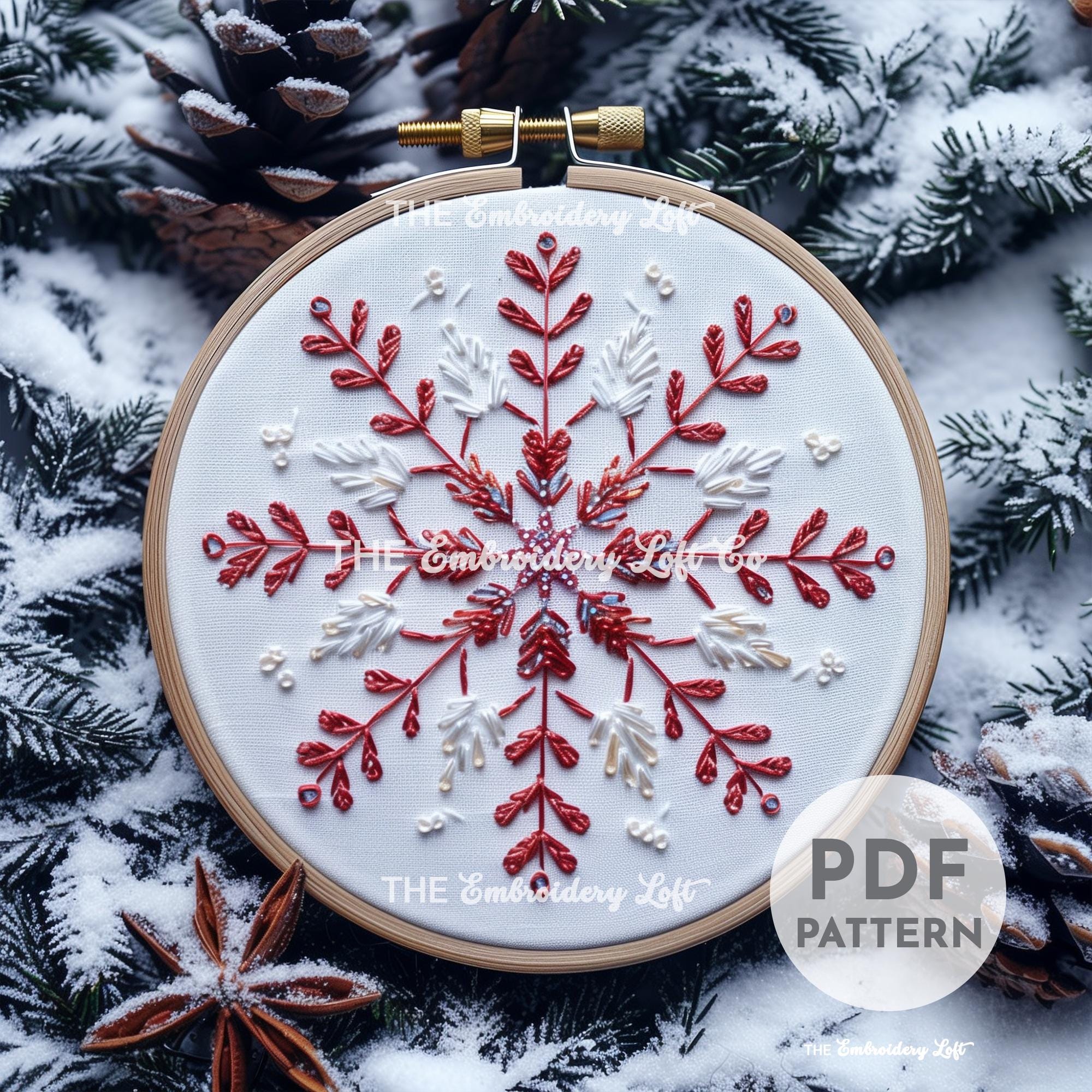 Red and White Snowflake Hand Embroidery Pattern