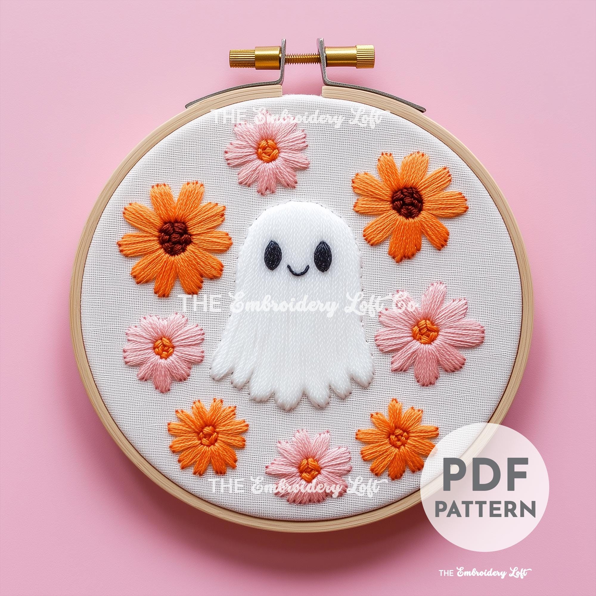 Retro Ghost with Flowers Hand Embroidery Pattern
