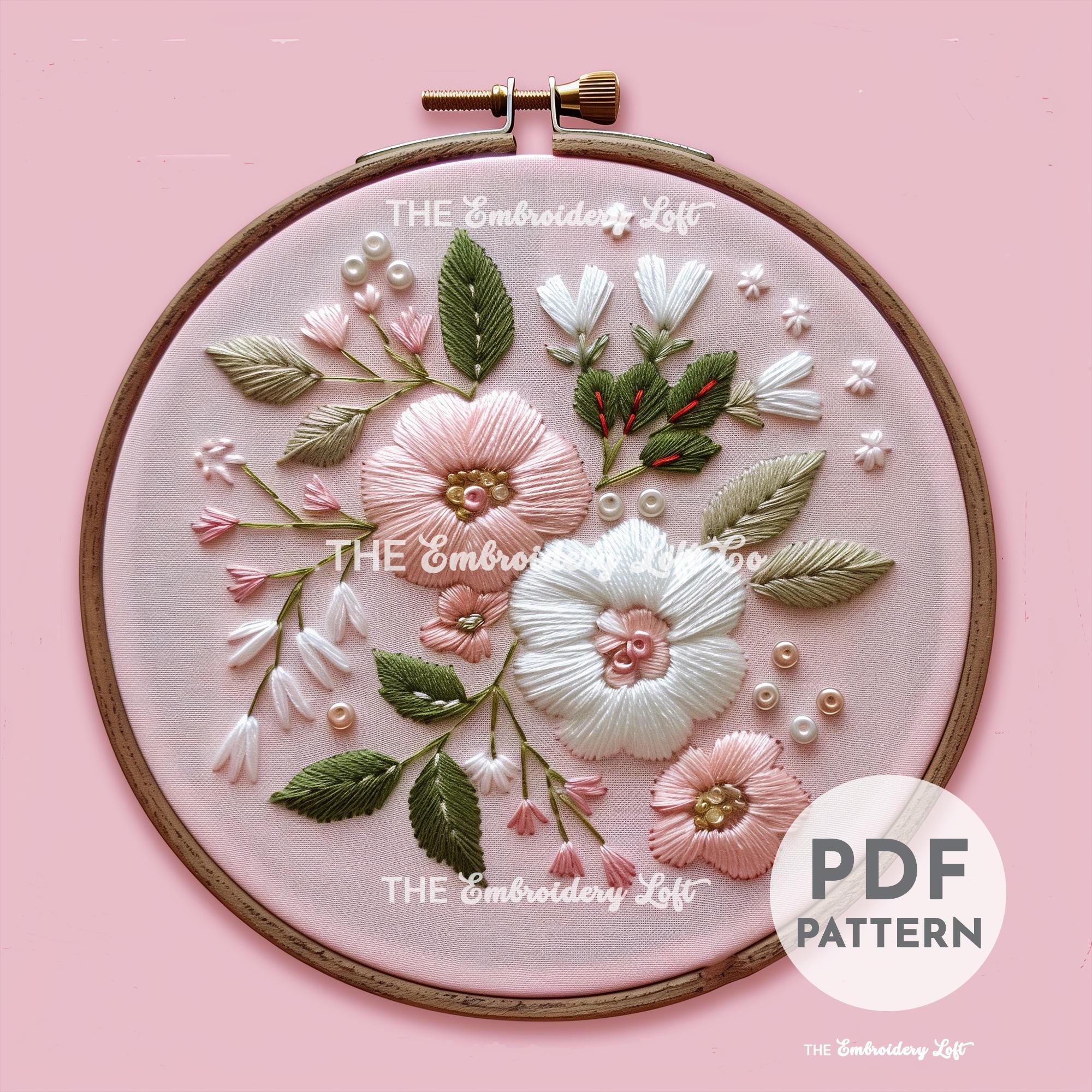 Pink and White Flowers Hand Embroidery Pattern