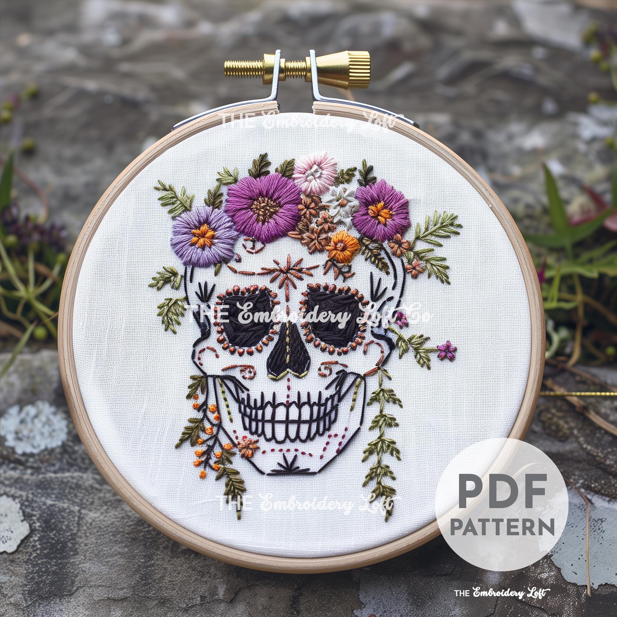 Floral Skull Hand Embroidery Pattern