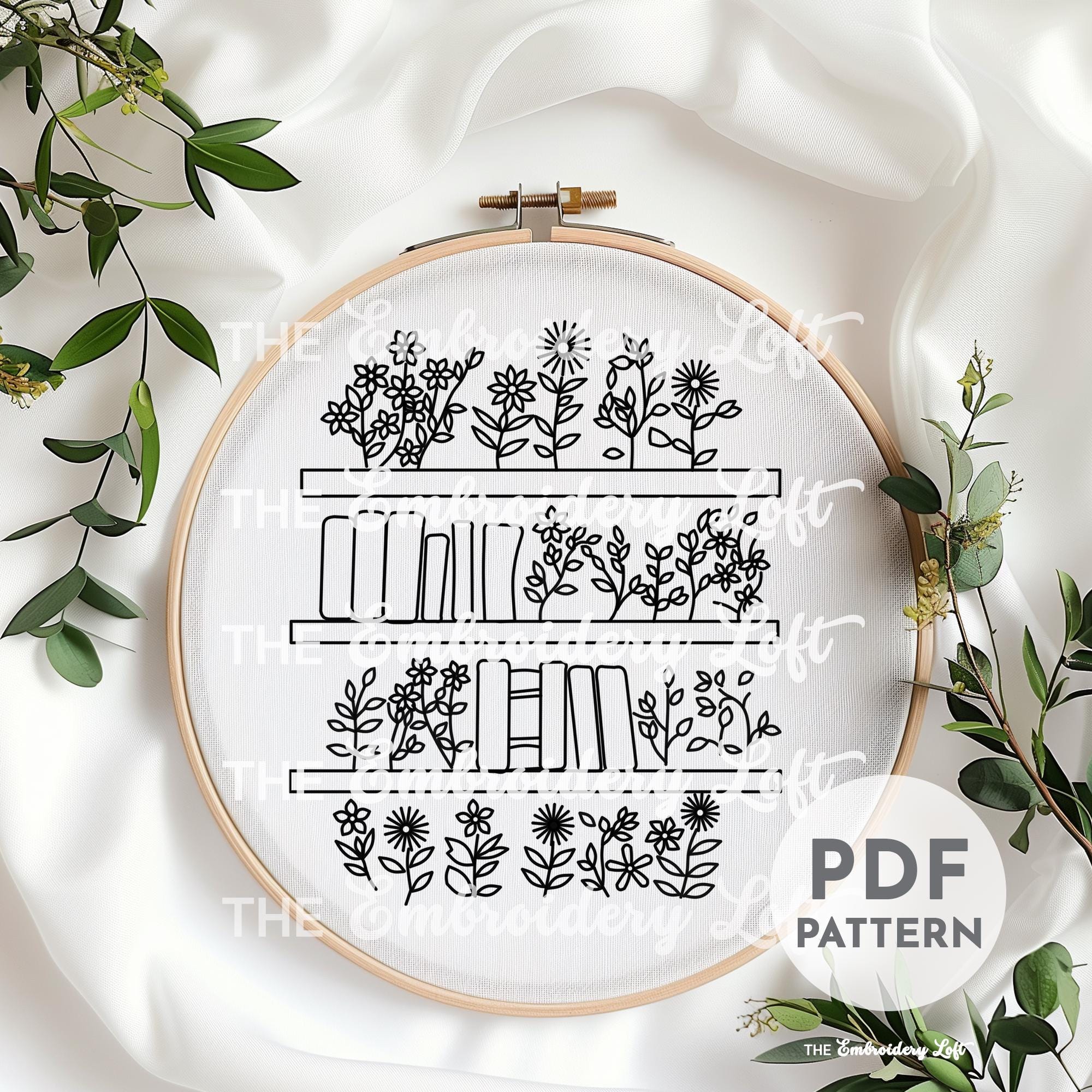 Floral Bookshelf Hand Embroidery Pattern