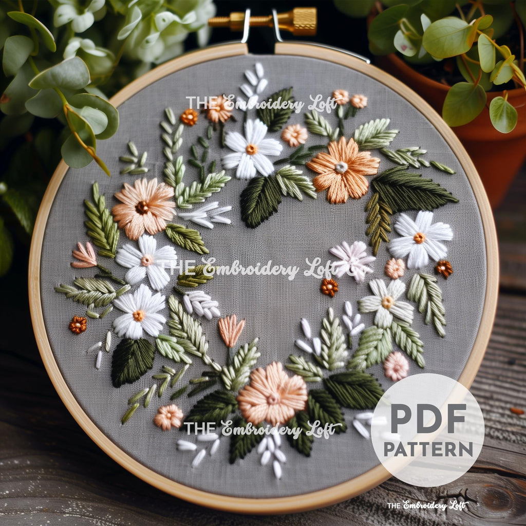Wedding Floral Wreath Hand Embroidery Pattern
