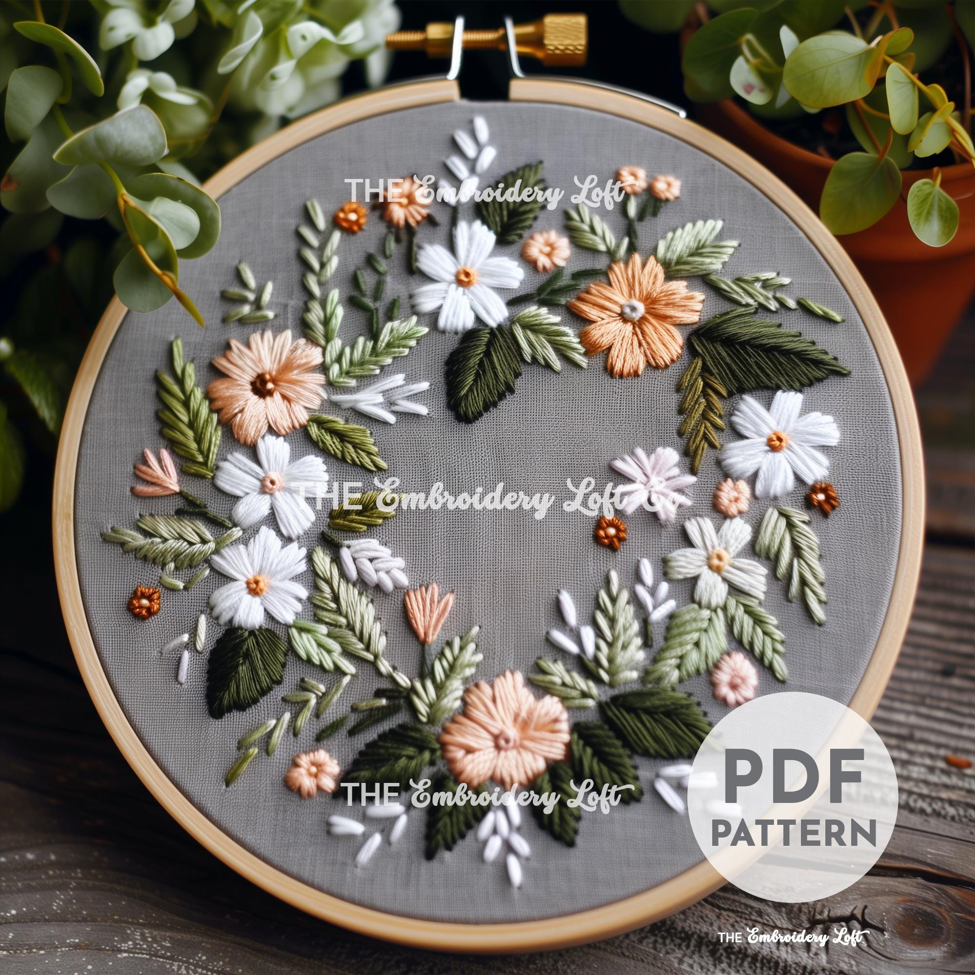 Wedding Floral Wreath Hand Embroidery Pattern