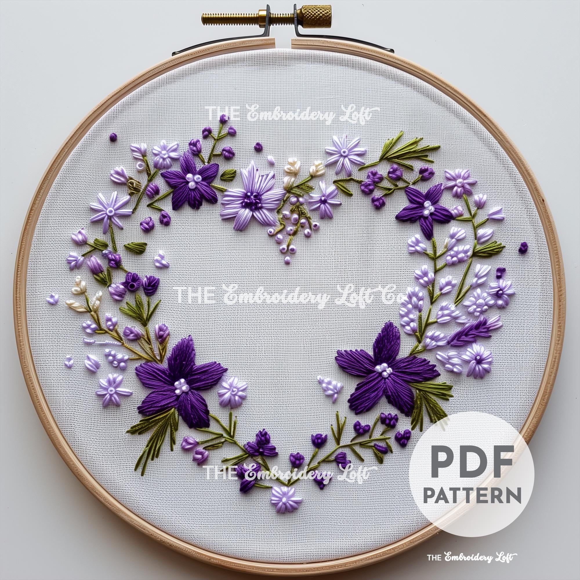 Purple Floral Heart Wreath Hand Embroidery Pattern