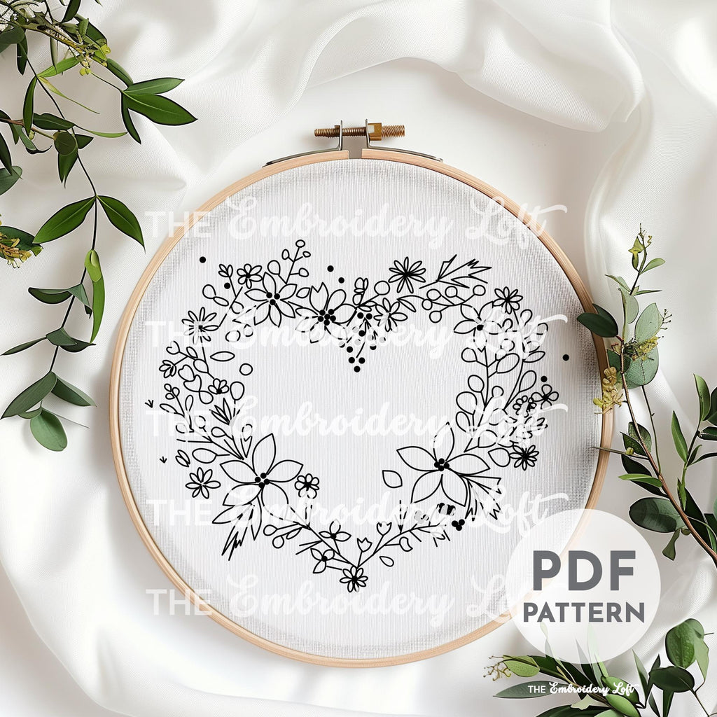 Purple Floral Heart Wreath Hand Embroidery Pattern