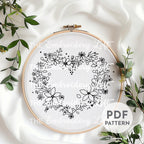 Purple Floral Heart Wreath Hand Embroidery Pattern