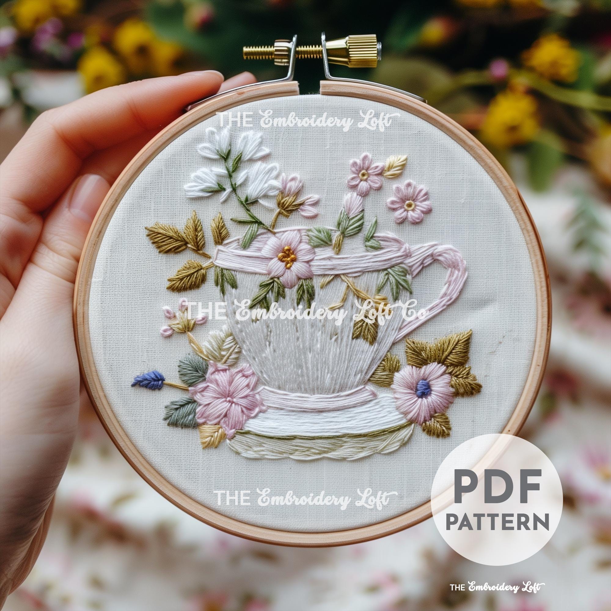 Floral Tea Cup Hand Embroidery Pattern