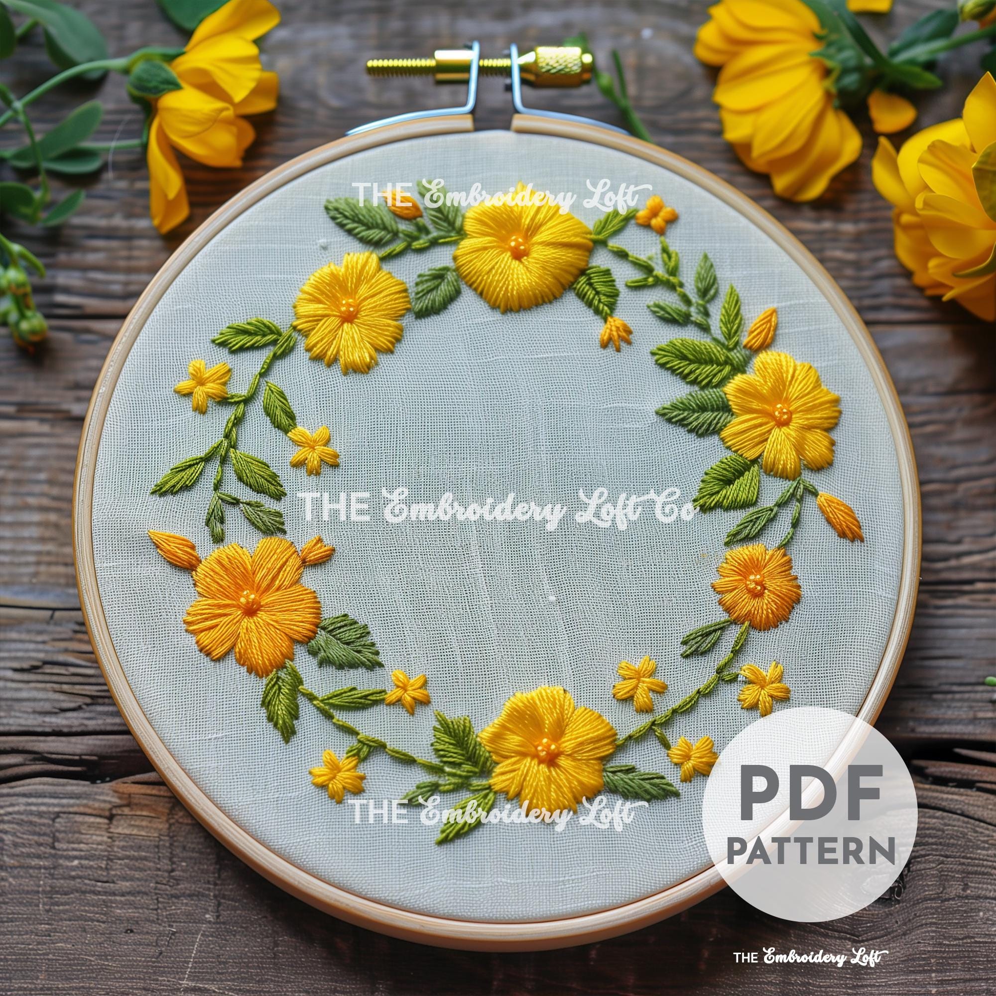 Yellow Floral Wreath Hand Embroidery Pattern