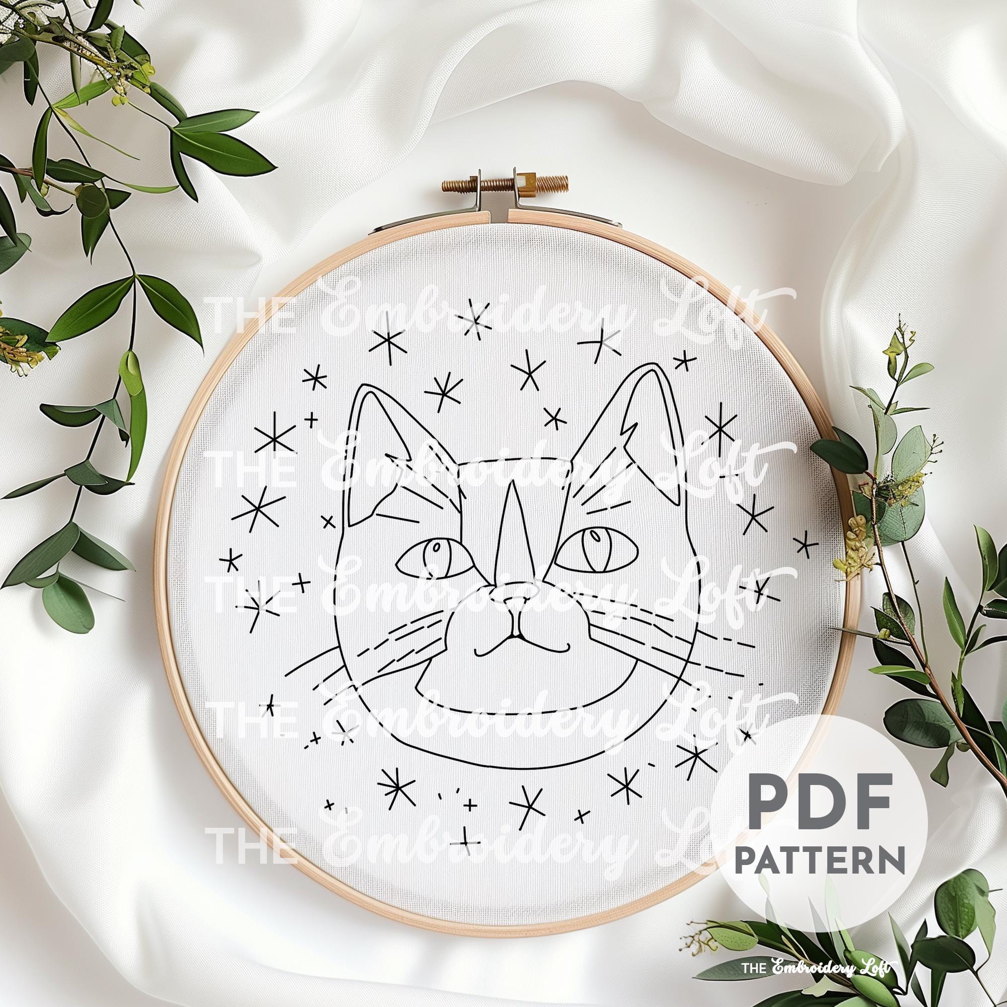 Cat with Stars Hand Embroidery Pattern